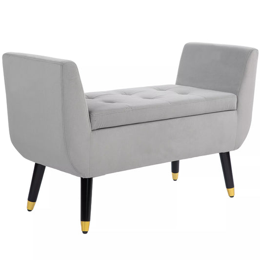 Suolas su daiktadėže ir porankiais, skrynios formos suolas, aksominis poliesteris, kaučiukmedžio mediena, šviesiai pilka, 107 x 42 x 65 cm