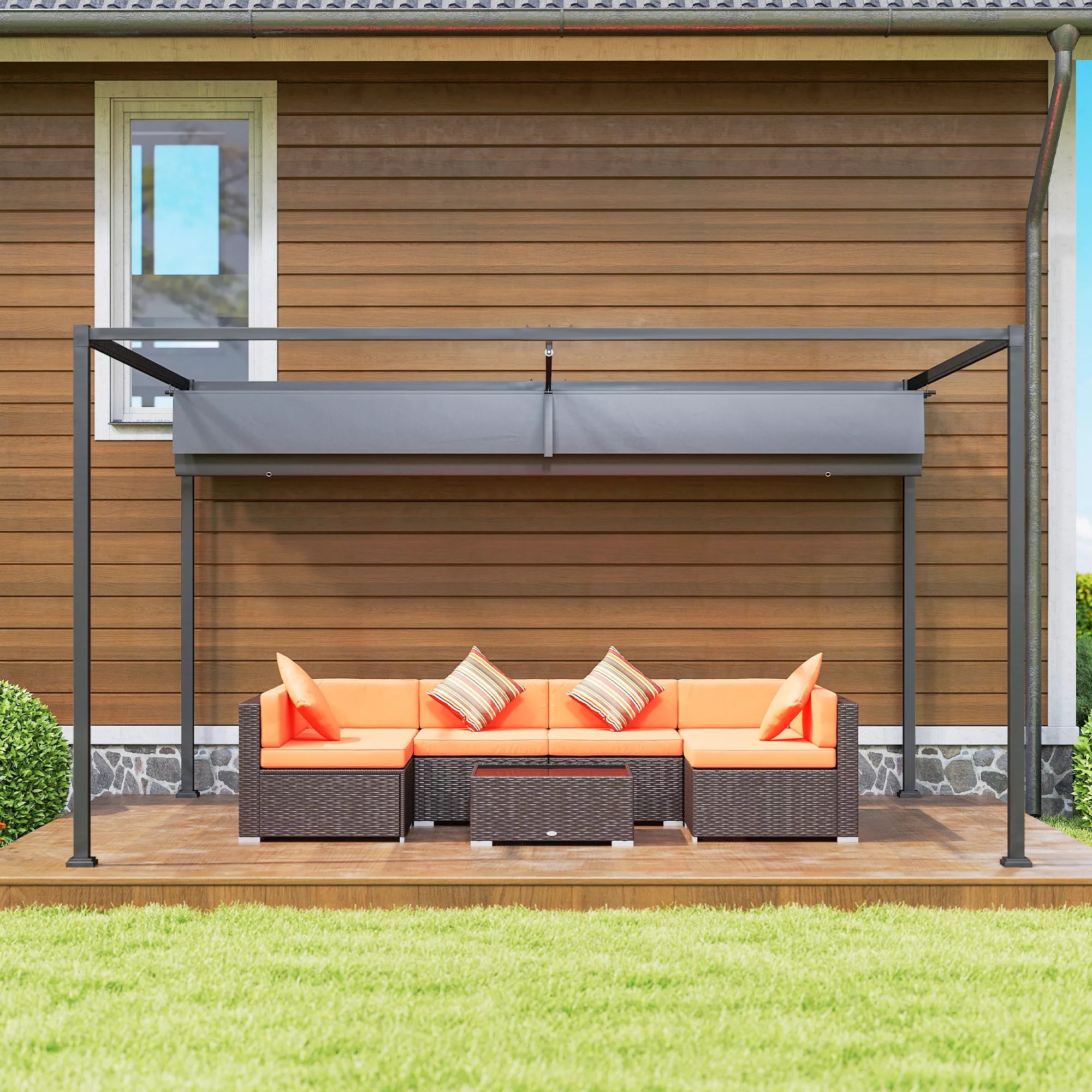 Pergola, tvirta saulės apsauga sodui, balkonui, terasai, pagaminta iš metalo ir plastiko, atspari UV spinduliams ir vandeniui, tamsiai pilkos spalvos