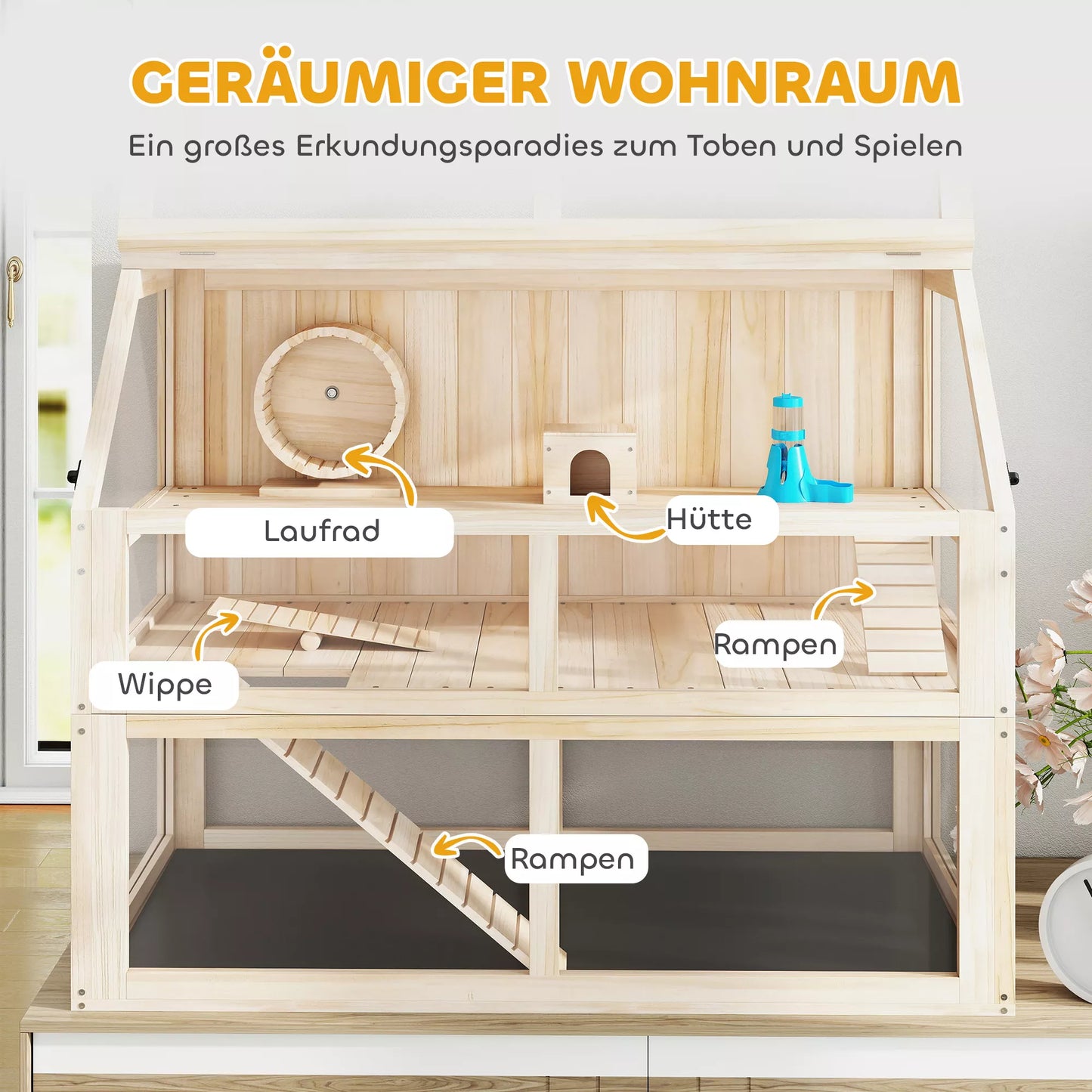 Medinis žiurkėno narvas, 3 aukštai, graužikų narvas, smulkių gyvūnų narvas su sūpuokle, bėgimo ratu, nameliu, 95 x 53 x 76 cm, natūralus medis