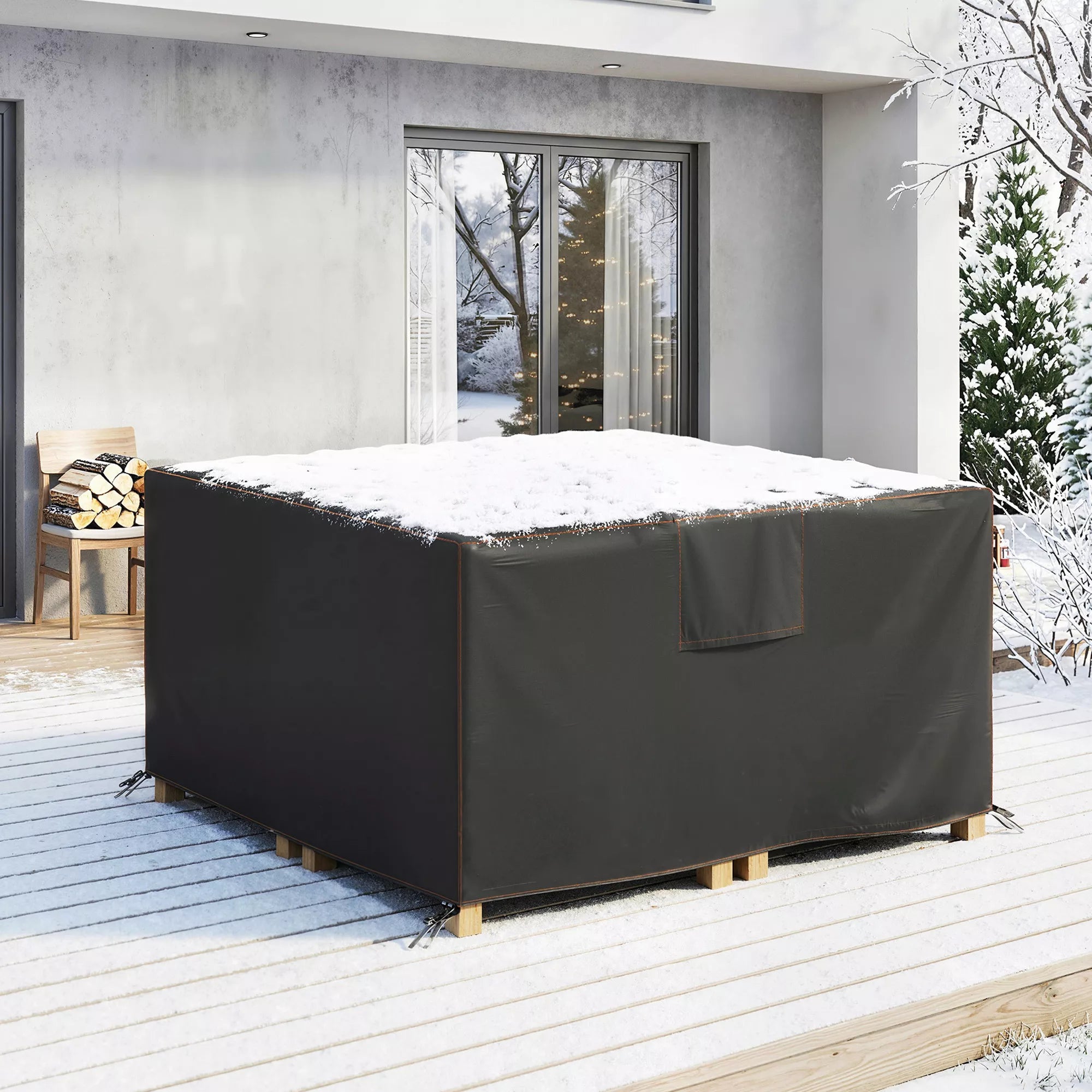 Sodo baldų apsauginis užvalkalas, atsparus žiemai, neperšlampamas, apsaugantis nuo UV spindulių, 420D „Oxford“ audinys, 125x125x74 cm, juodos spalvos