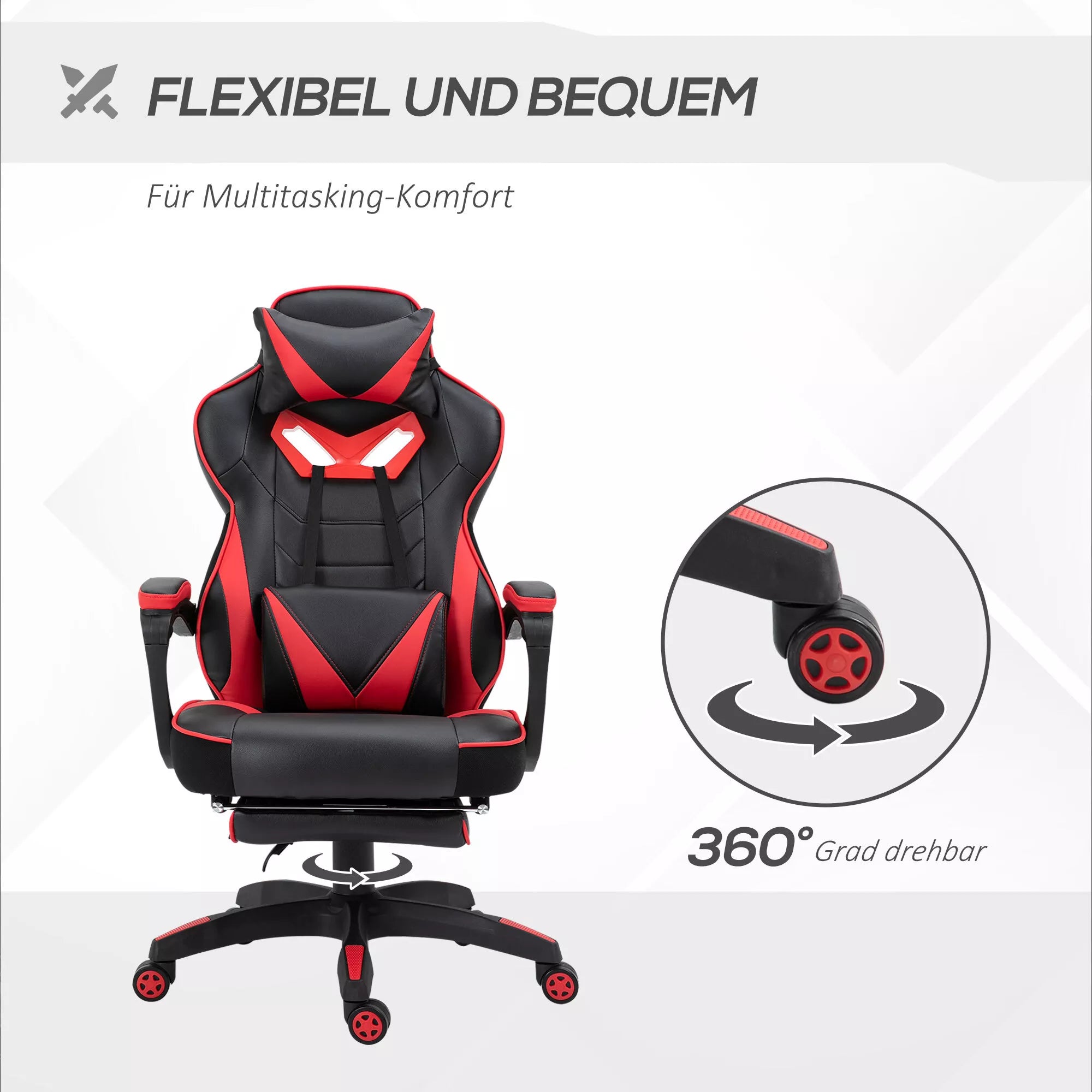 Žaidimų kėdė su kojų atrama iki 120 kg, juoda/raudona