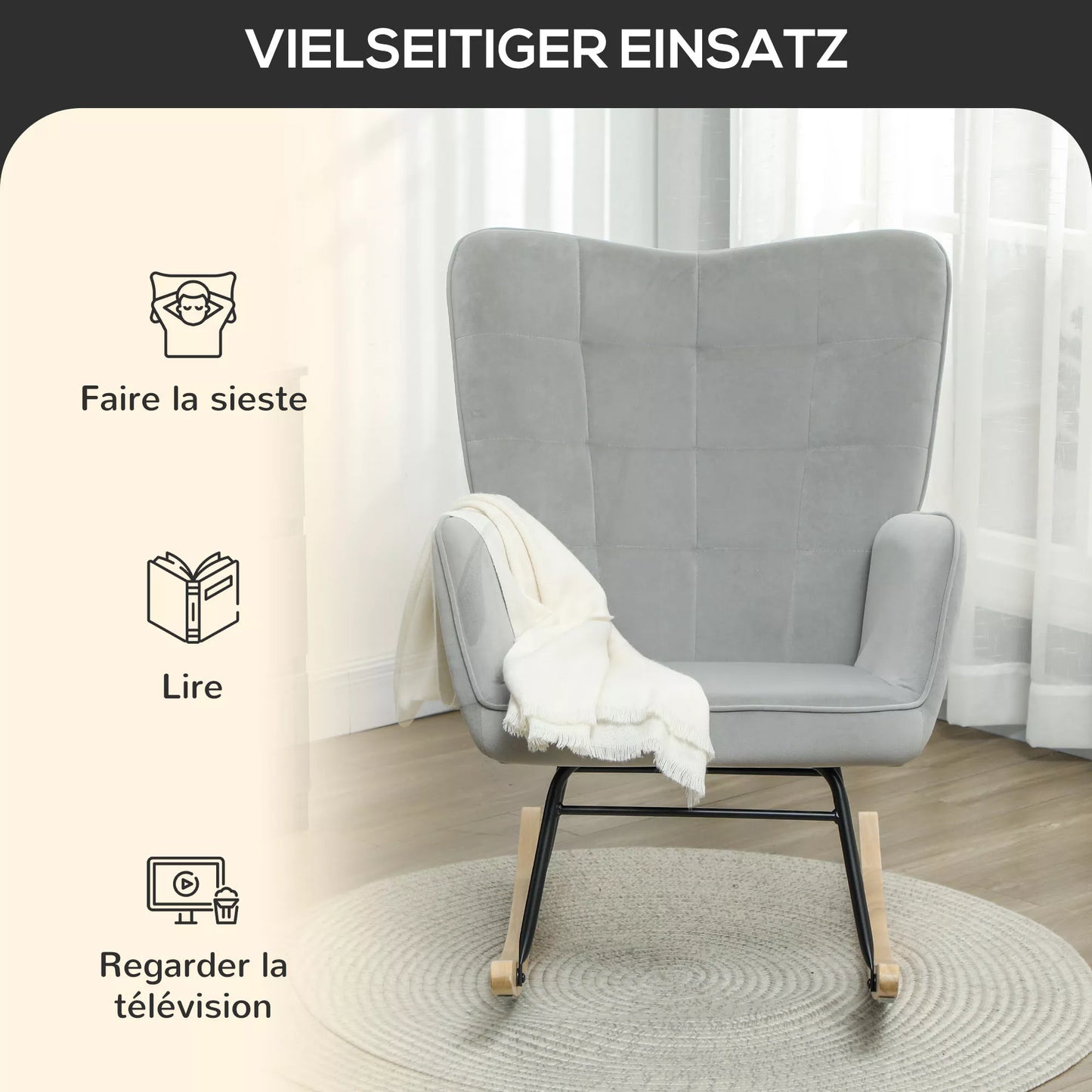 Supama kėdė, stora apmušalė, plati nugaros atrama, buiko mediena/plieninis rėmas, iki 120 kg, šviesiai pilka