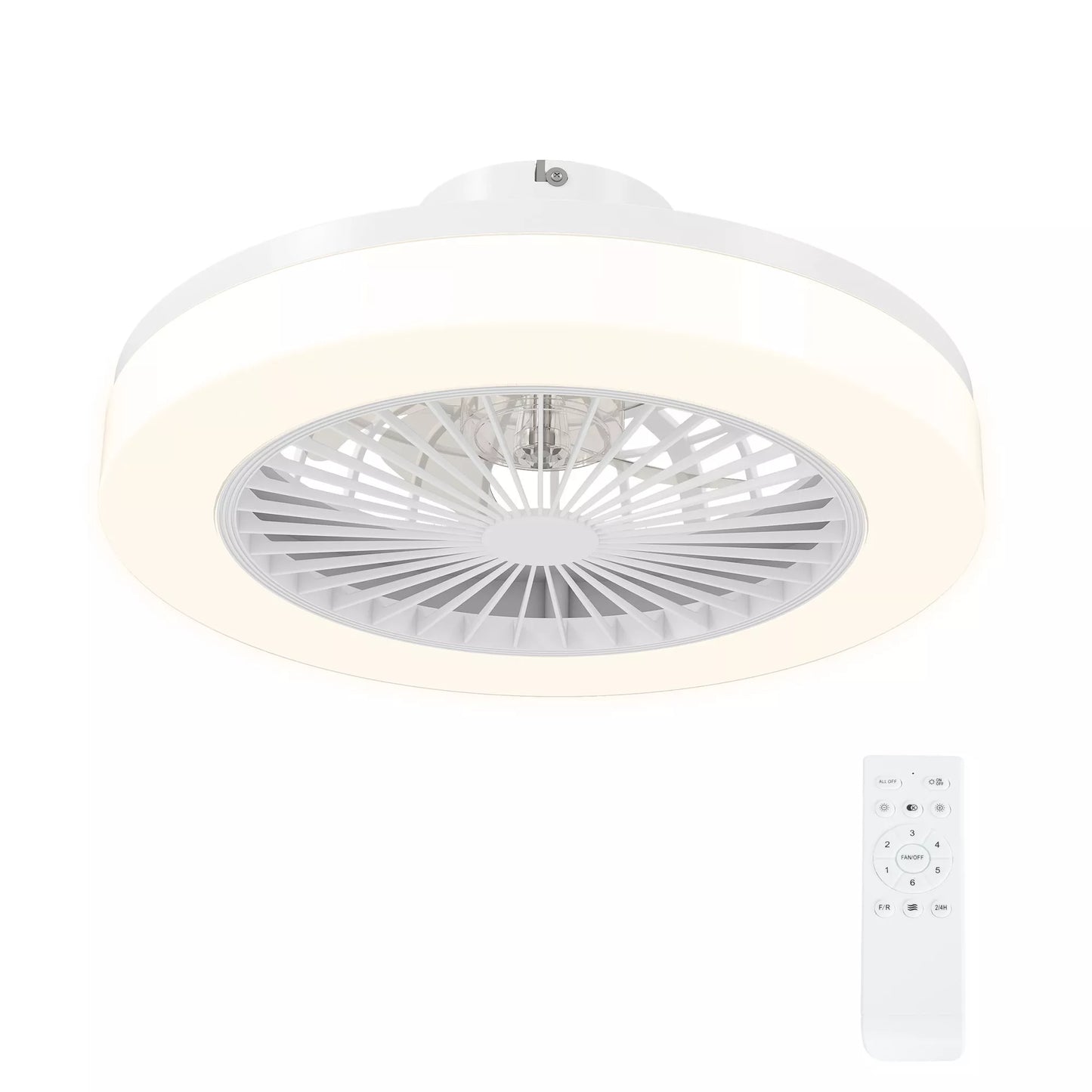 Lubų ventiliatorius su LED lempa, 6 greičiai, nuotolinio valdymo pultas, baltas