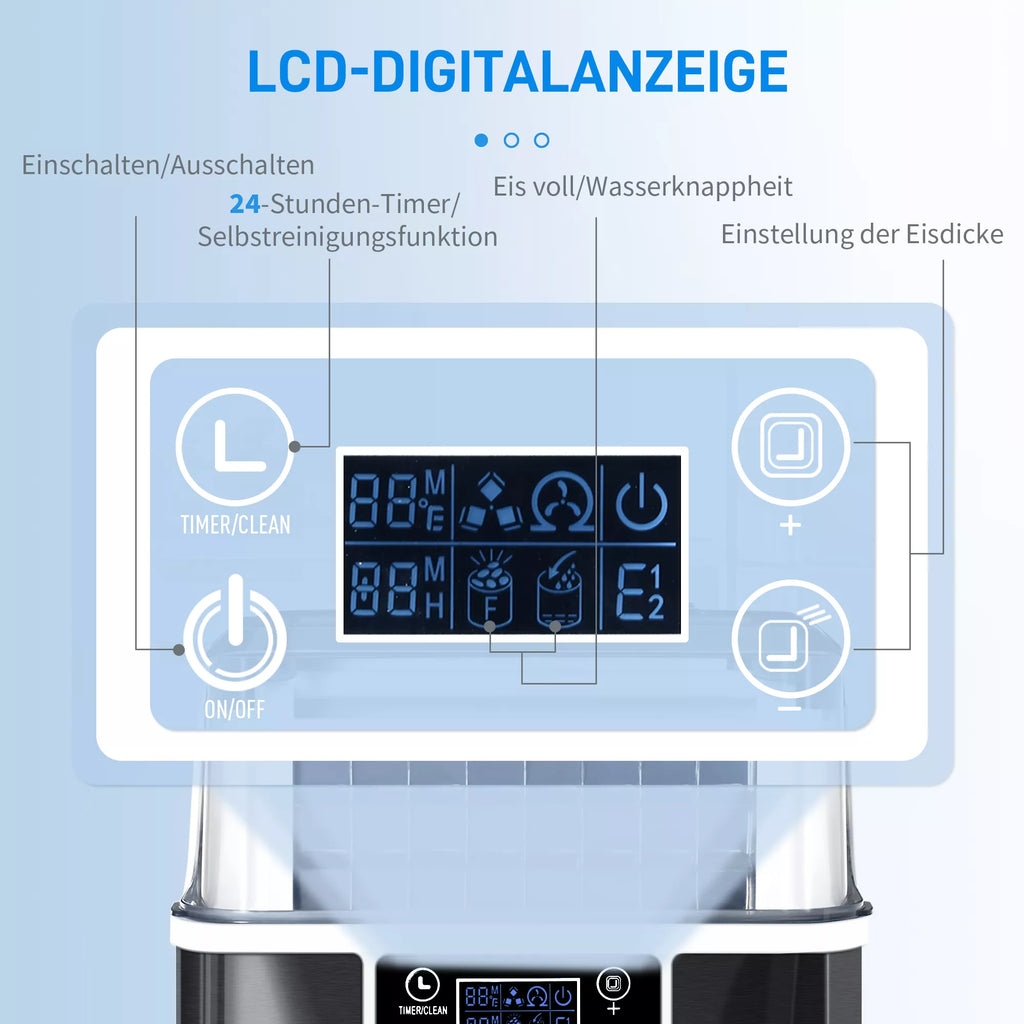 Ledo kubelių gaminimo aparatas Ledo kubelių dozatorius Ice-Maker 20 kg/24 val. 2,3 l ledo kubelių gaminimo aparatas su 3,2 l vandens rezervuaru, juodos spalvos
