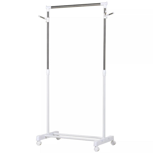 Riedantis drabužių kabykla, reguliuojamo aukščio, su apatine lentyna, 4 ratai, balta