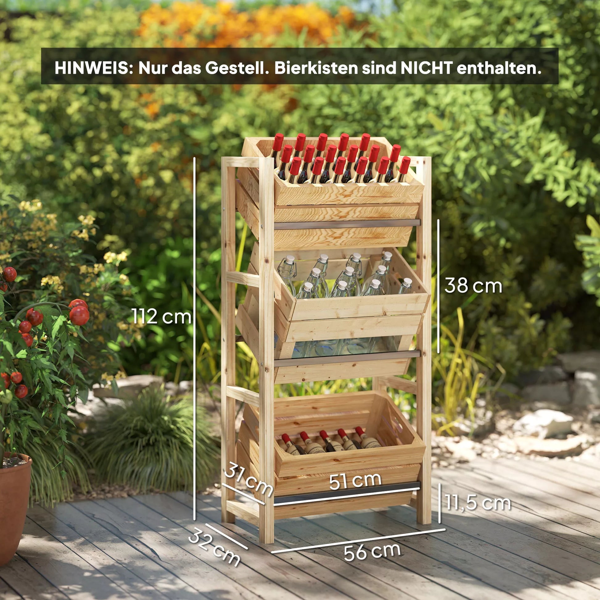 Gėrimų dėžių lentynos 3 gėrimų dėžėms Gėrimų lentynos Medinės dėžių lentynos su 3 lygiais 56 x 32 x 112 cm Natūralaus medžio