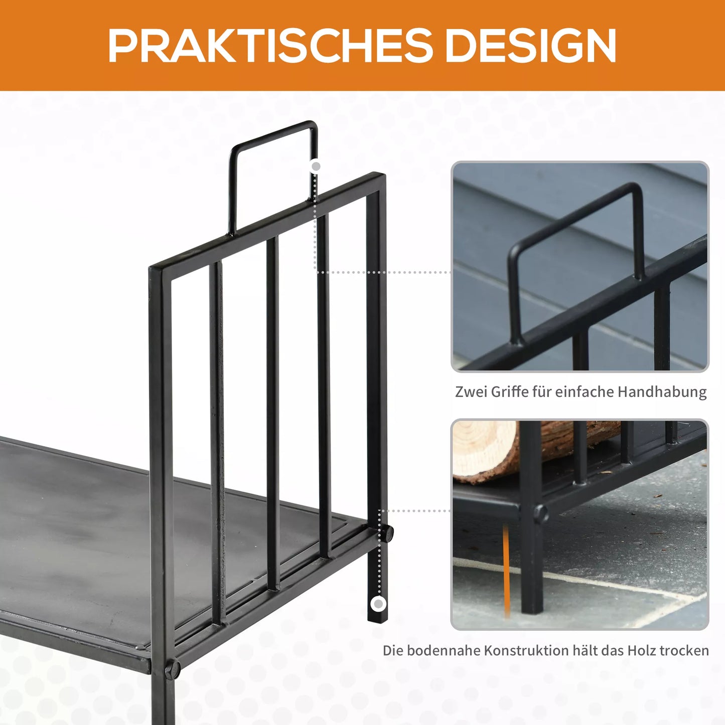 Vidaus malkų laikiklis su rankenomis, 44,5 x 33 x 46,5cm, juodo metalo, židiniui