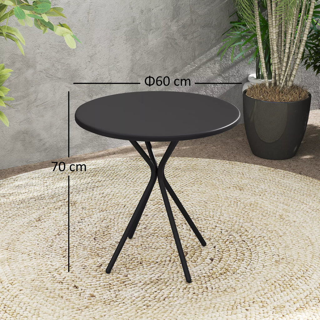 Sodo stalas Ø60 x 70 cm, atsparus atmosferos poveikiui, balkono stalas iš plieno, apvalus valgomojo stalas su kojų pagalvėlėmis, juodos spalvos