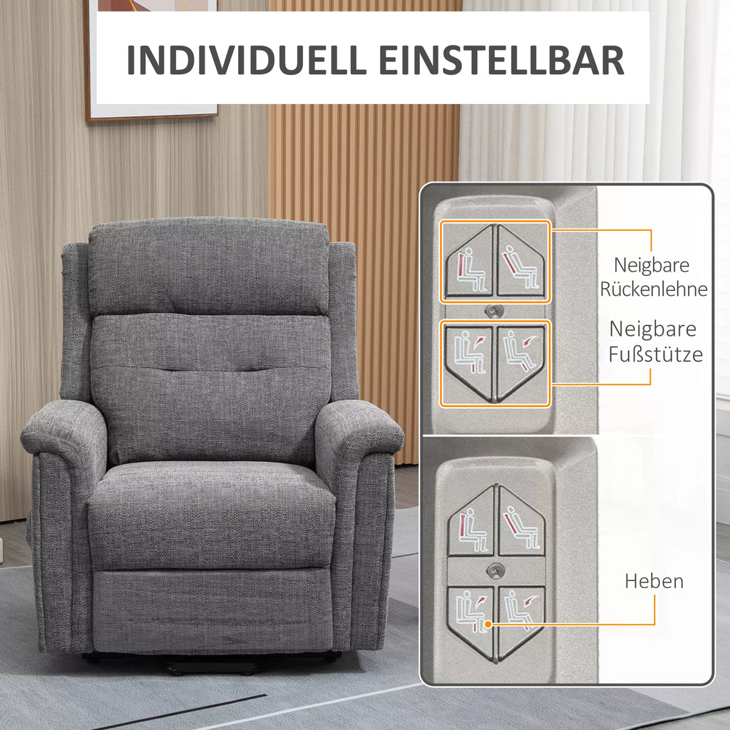 Relaksacinis krėslas su atsikėlimo funkcija ir kojų atrama, pilkas