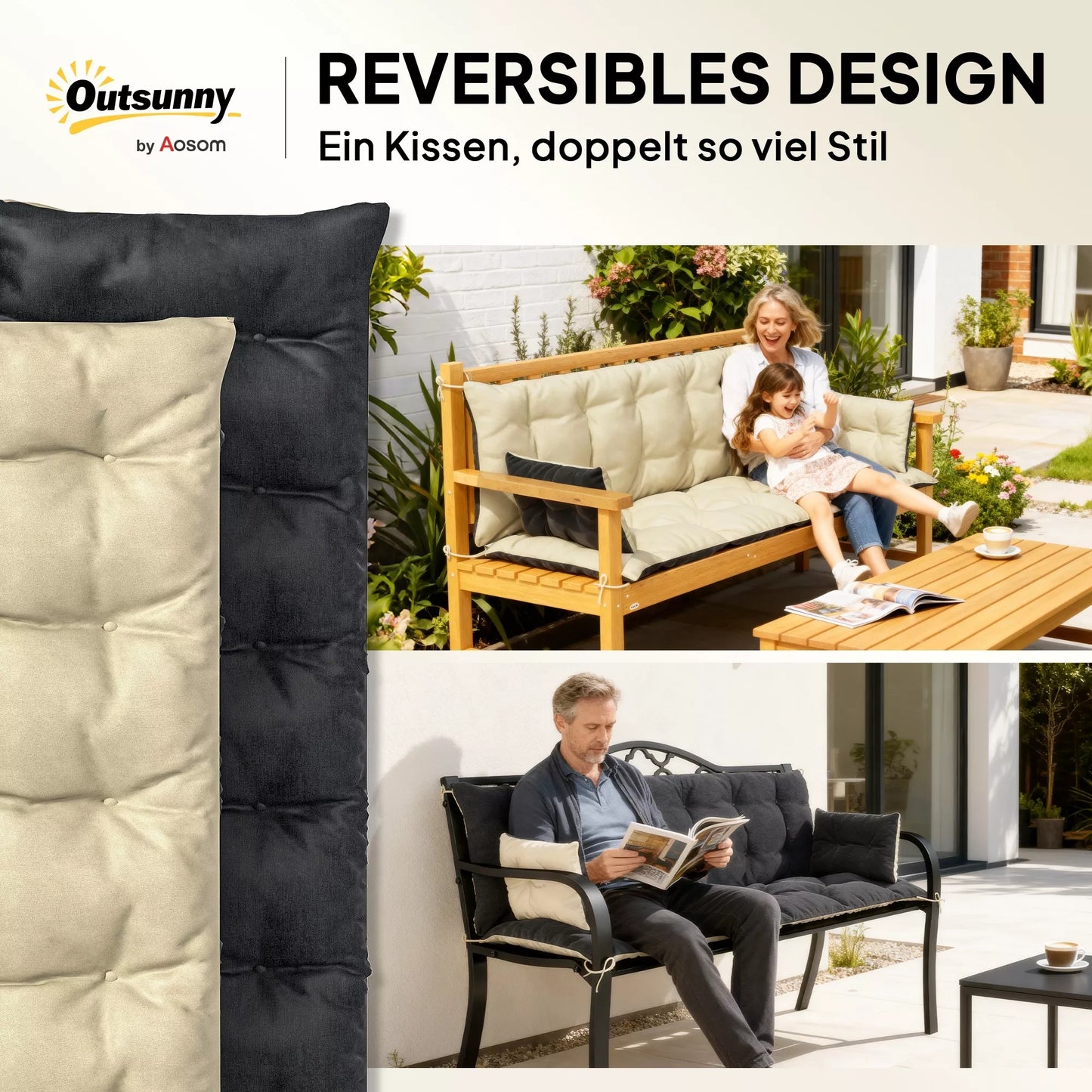 Lauko pagalvių komplektas sodo suolui ar sūpynėms, dviejų spalvų, poliesteris, putplastis, 180 x 110 x 8 cm, smėlio spalvos + juodos