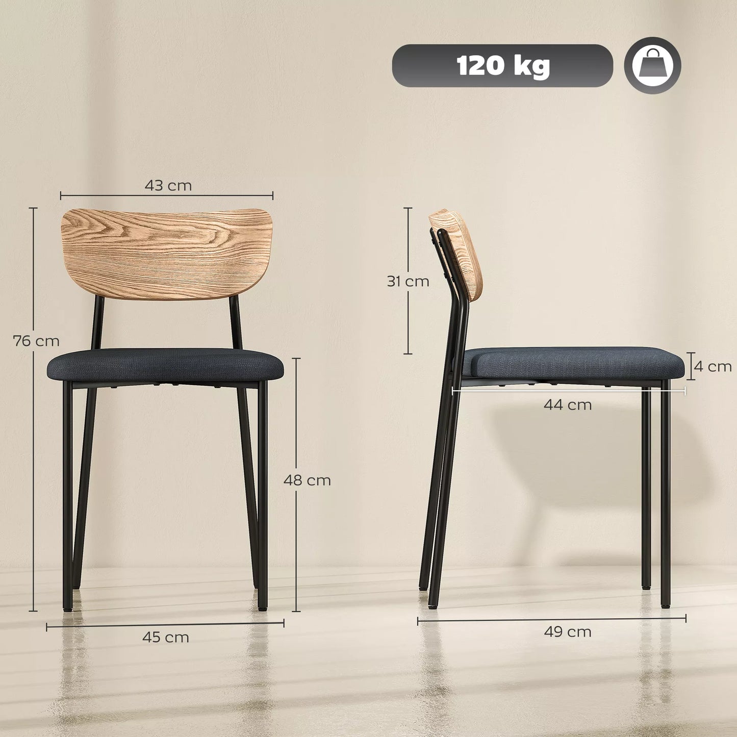 2 valgomojo kėdžių komplektas, lininės išvaizdos, be porankių, metalinės kojos, pilkos