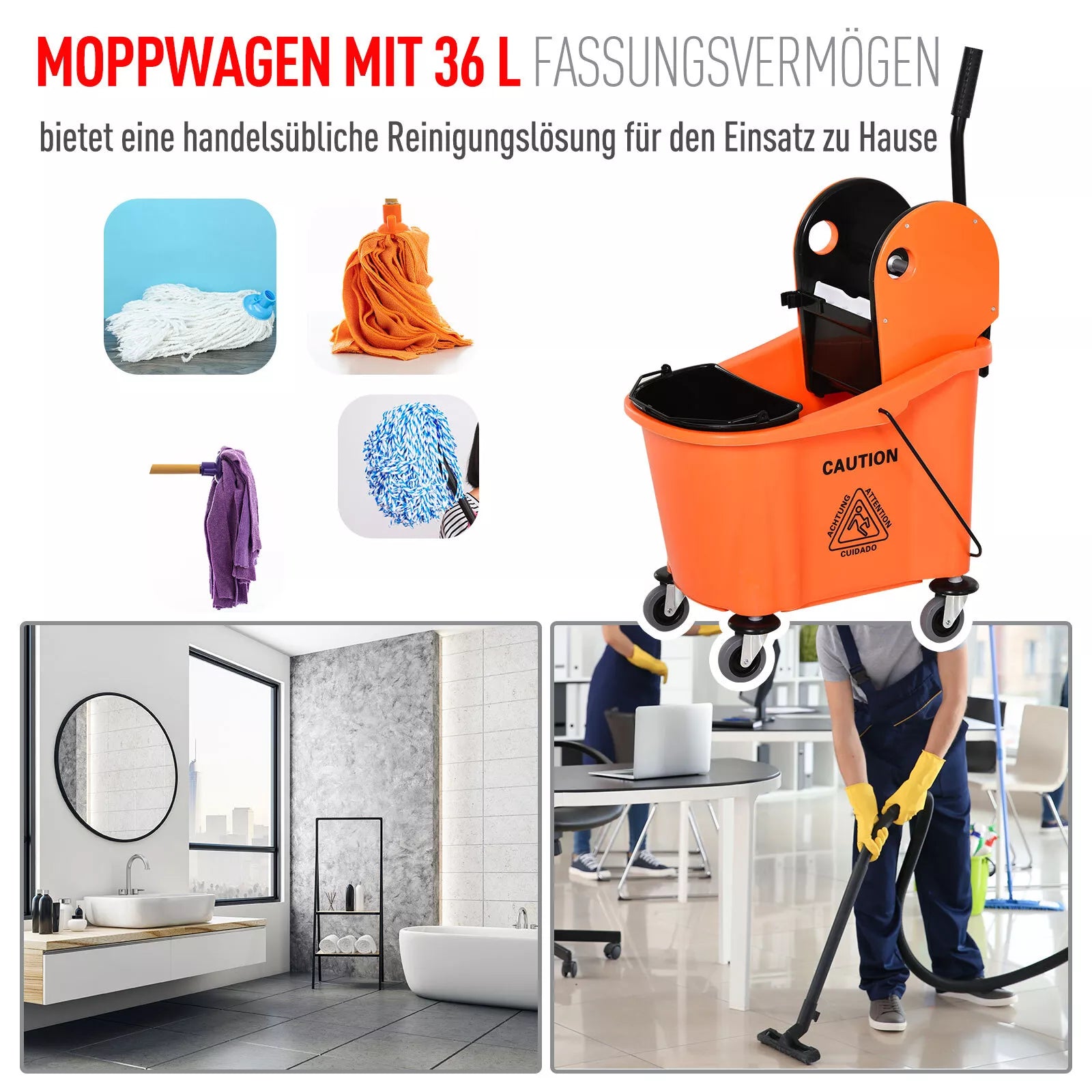 Valymo vežimėlis su įrenginiu šluostei gręžti, 36 l, juodas/oranžinis