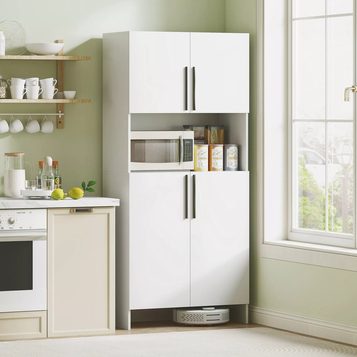 Virtuvės spintelė, sandėliuko spintelė skirta virtuvei, svetainei, valgomajam, spintelės, lentynos, mikrobangų krosnelės padėklas, medžio drožlių plokštė, balta