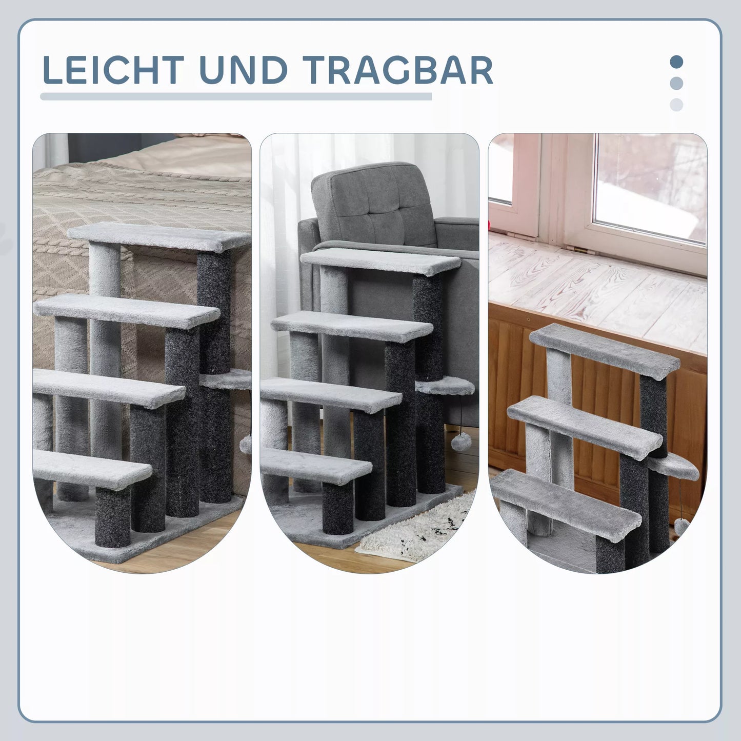 4 pakopų augintinių laipteliai su draskyklėmis ir kamuoliuku šunims ir katėms, skirti katėms iki 5 kg, pliušas, džiutas, pilkos spalvos, 60 x 40 x 64 cm