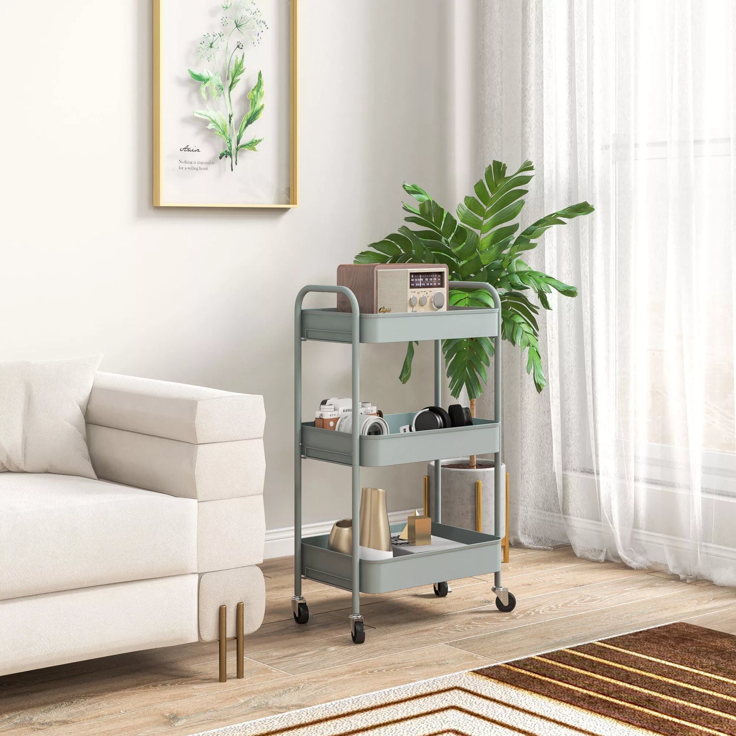 Daugiafunkcis vežimėlis virtuvei, 3 lentynos, 4 ratukai, 45 cm x 30,6 cm x 79 cm, šviesiai mėlynas