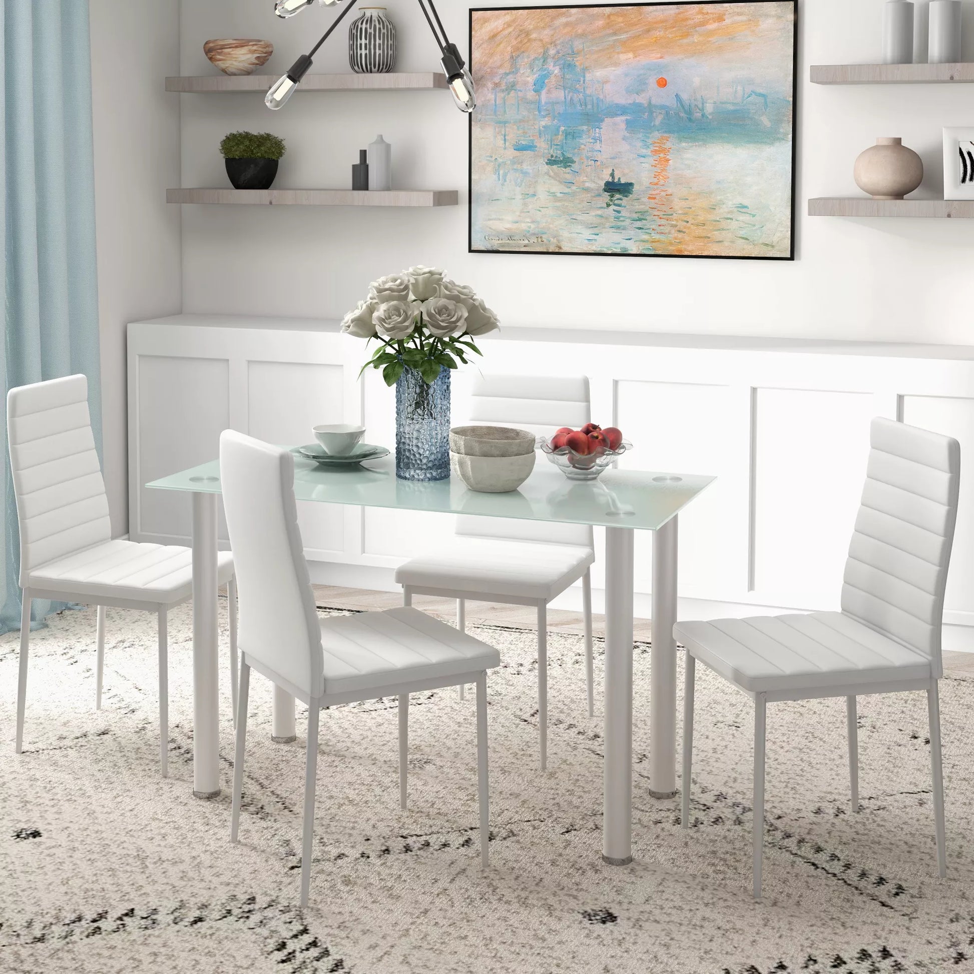 5 dalių valgomojo komplektas su 4 kėdėmis, modernaus dizaino, stalas su stikliniu stalviršiu, baltas