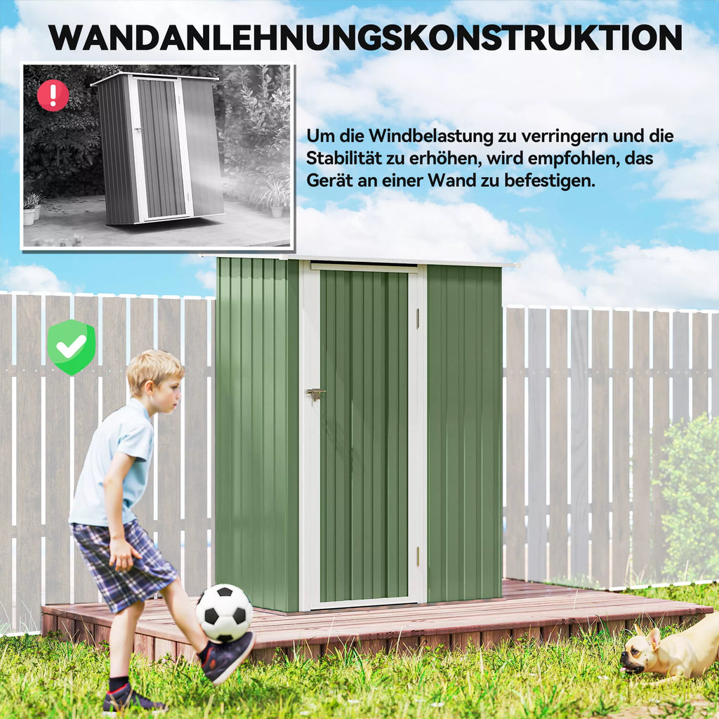 Metalinis įrankių sandėliukas 1,07 m² 142 x 86 x 189 cm Įrankių sandėliukas su vienšlaičiu stogu Užrakinamos durys, atsparus atmosferos poveikiui Sodo namelis Lauko sodo sandėliukas kiemui Lauko erdvė Žalia