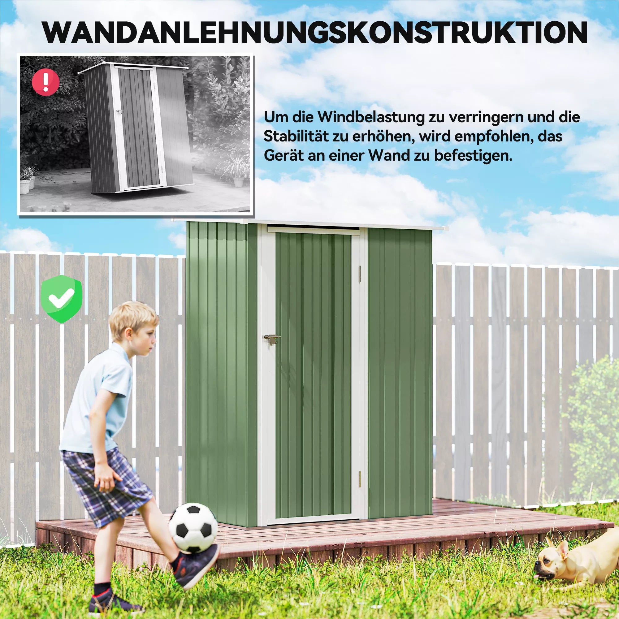 Metalinis įrankių sandėliukas 1,07 m² 142 x 86 x 189 cm Įrankių sandėliukas su vienšlaičiu stogu Užrakinamos durys, atsparus atmosferos poveikiui Sodo namelis Lauko sodo sandėliukas kiemui Lauko erdvė Žalia