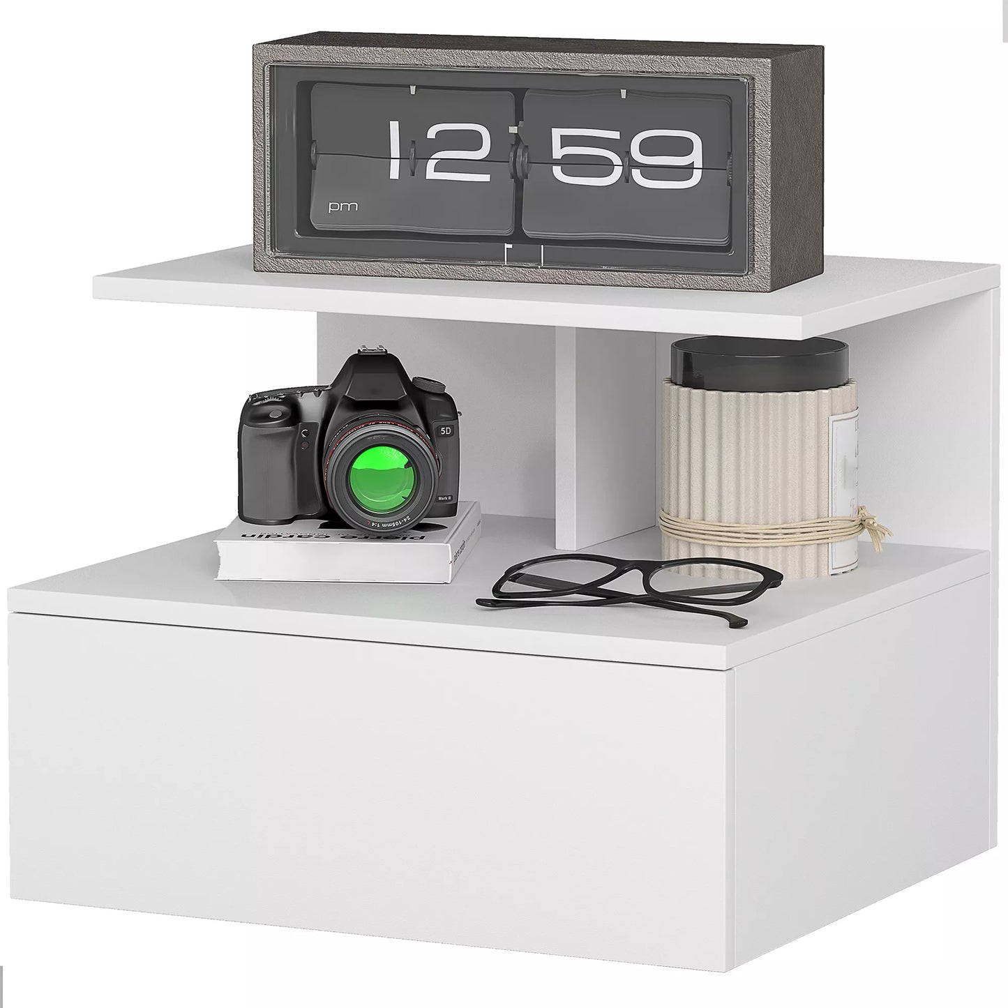 Pakabinamas naktinis staliukas, pagalbinis staliukas su stalčiumi, atvira niša, baltos spalvos, 39,8 x 35 x 31,6 cm