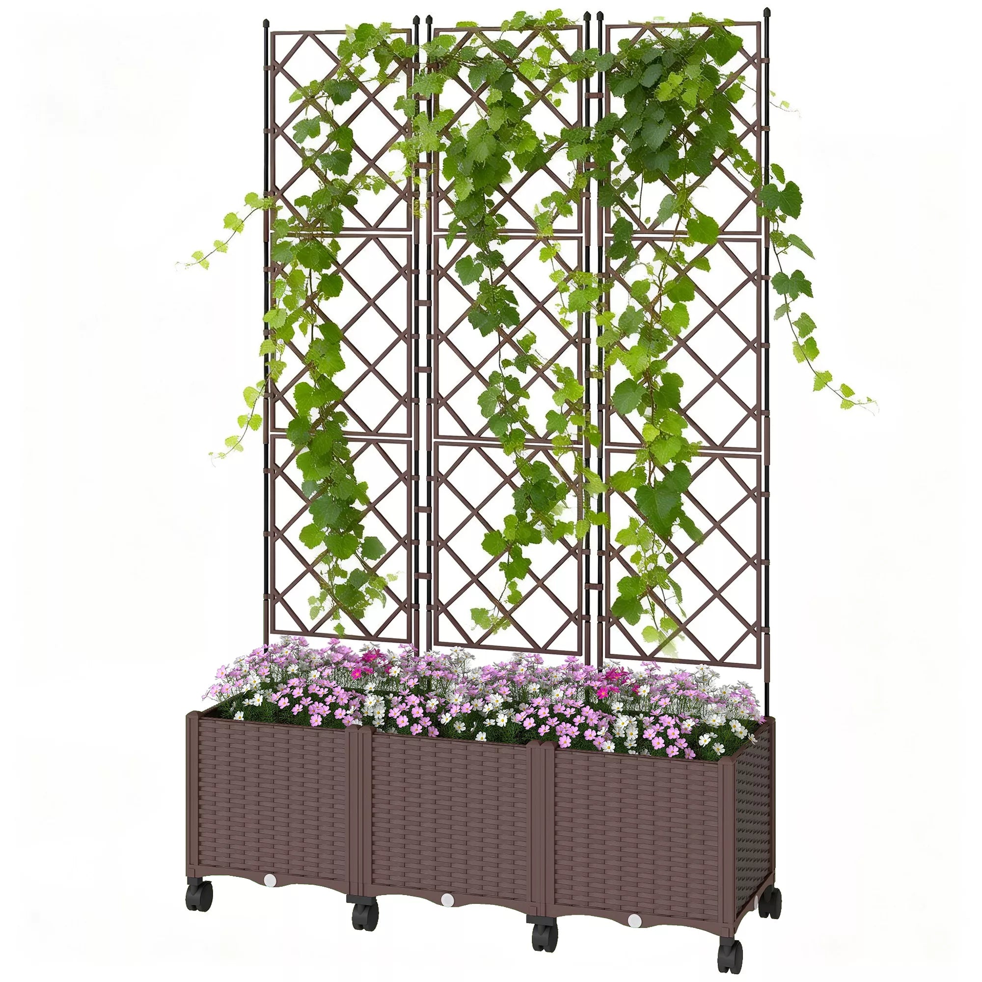 Vijoklinių augalų sienelė su vazonu ir savaiminio laistymo sistema, dekoratyvi atrama gėlėms su loveliu, polipropilenas, 120x40x192 cm, ruda