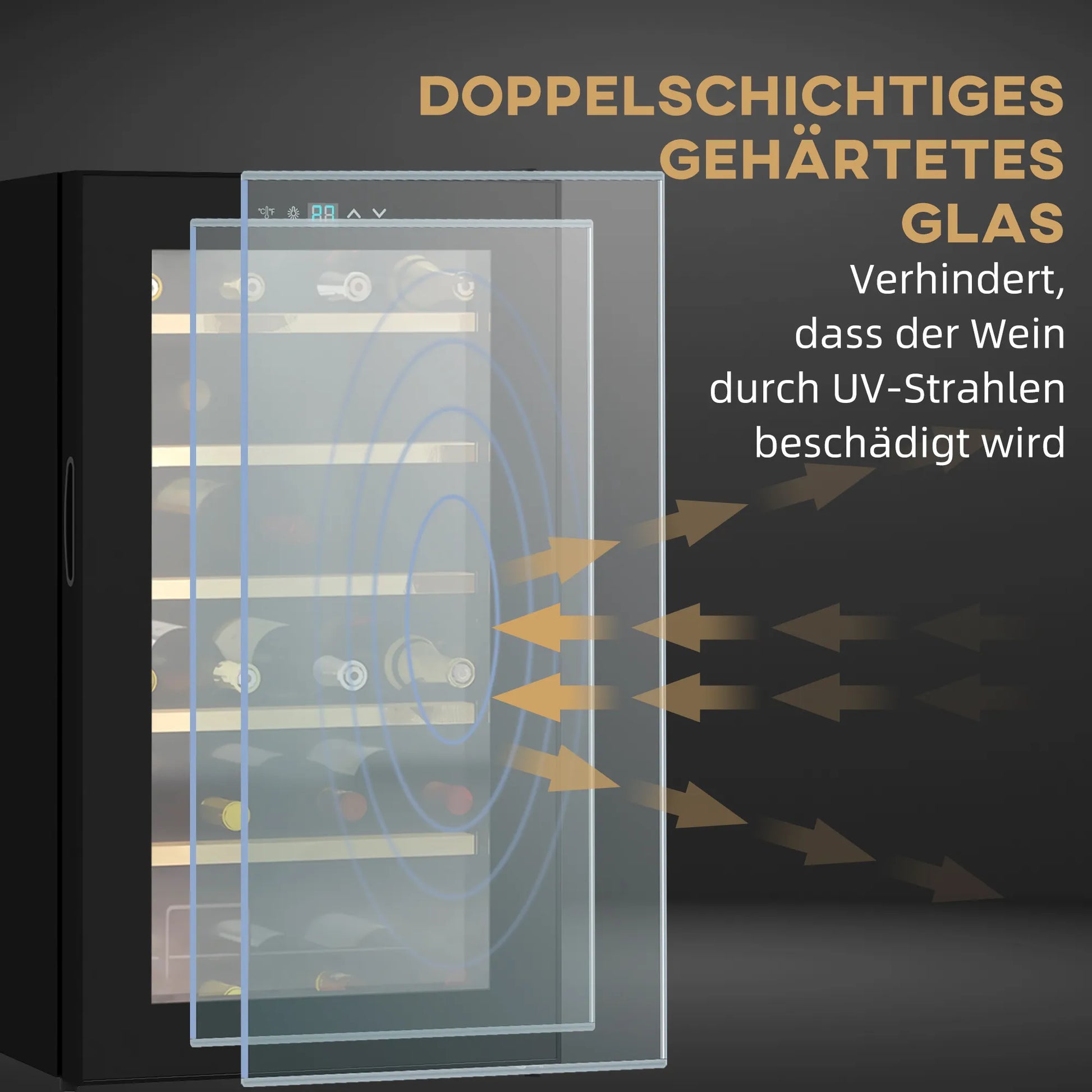 Kompaktiškas vyno aušintuvas svetainei, talpinantis 24 butelius, su reguliuojama 5–20 °C temperatūra, LED apšvietimu, juodos spalvos, 43 x 45 x 75 cm