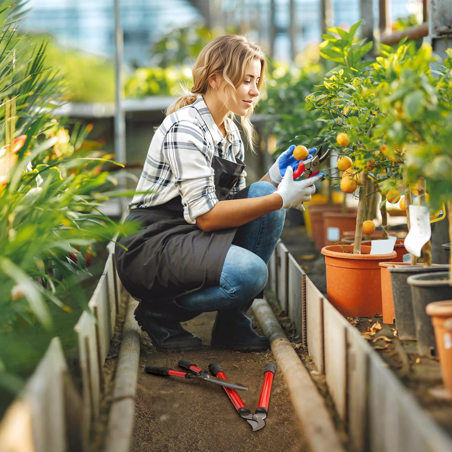 3 dalių sodo žirklių rinkinys su plieniniais ašmenimis ir rankena