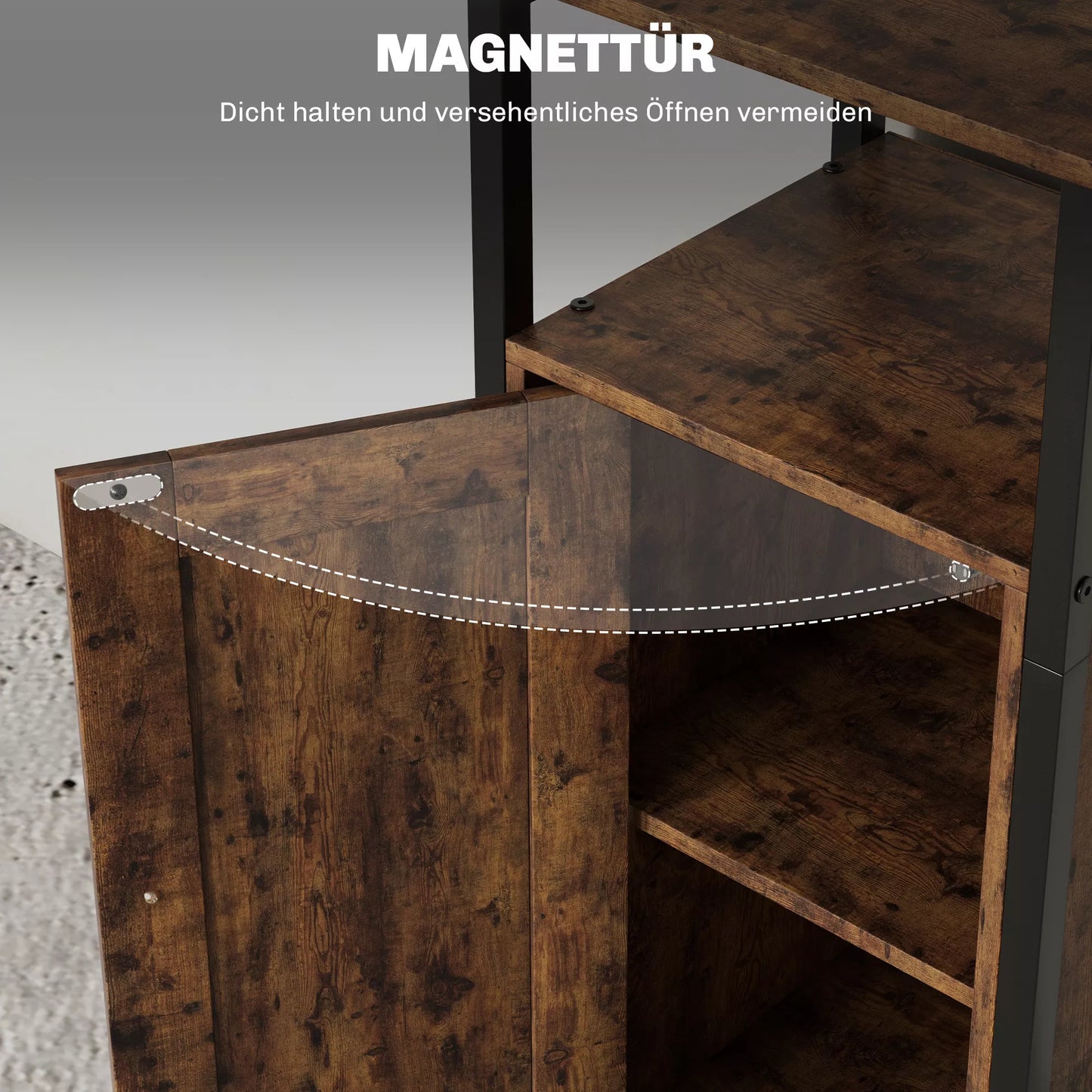 Šoninis staliukas su laikymo vieta, 2 atviros lentynos, 3 lygių reguliavimas, magnetinės durys, rudas