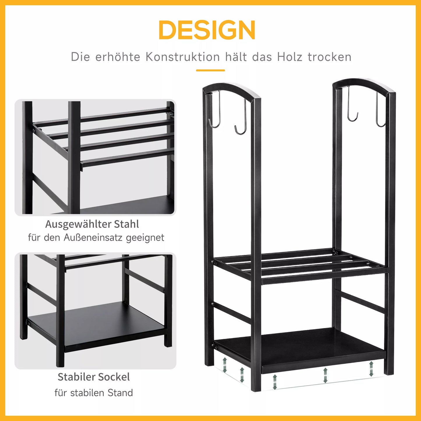 Malkų laikiklis židiniui, 2 aukštų, su židinio priedų vieta, plienas, juodas, iki 100 kg, 40 x 30 x 74,5 cm