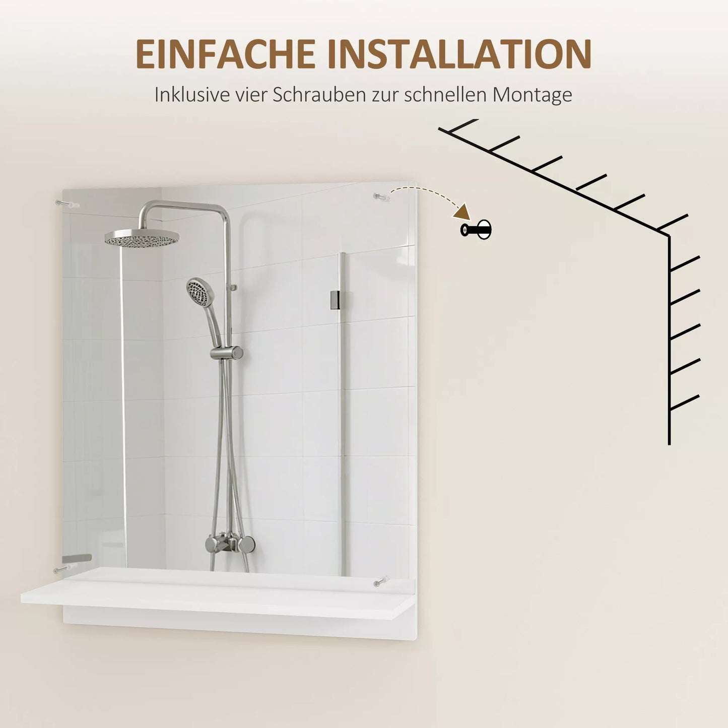 Vonios veidrodis 50 x 60 cm Sieninis veidrodis su lentynėle, vonios veidrodis prieškambariui, koridoriui, baltas