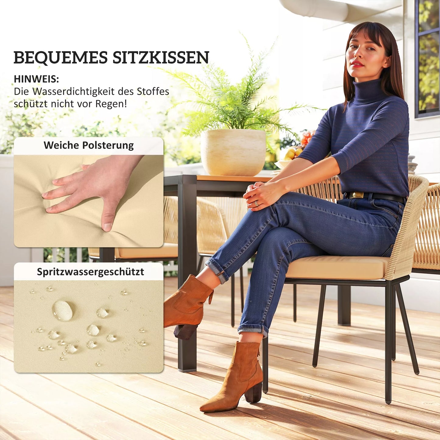 5 dalių sodo baldų komplektas, 4 kėdės, 1 stalas, poliratanas, plieninis rėmas, skalbiami užvalkalai, terasai, chaki