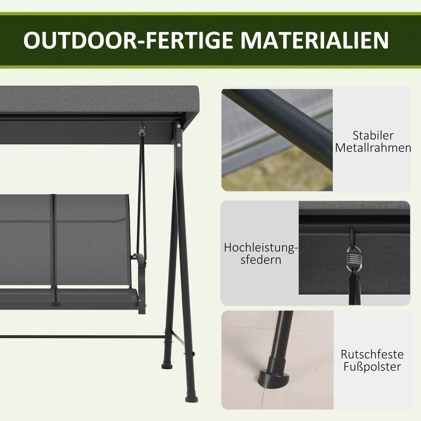 Holivudo sūpynės, 3 asmenims, reguliuojamas saulės stogelis, iki 240 kg, tamsiai pilkos spalvos, 200 x 133 x 176 cm