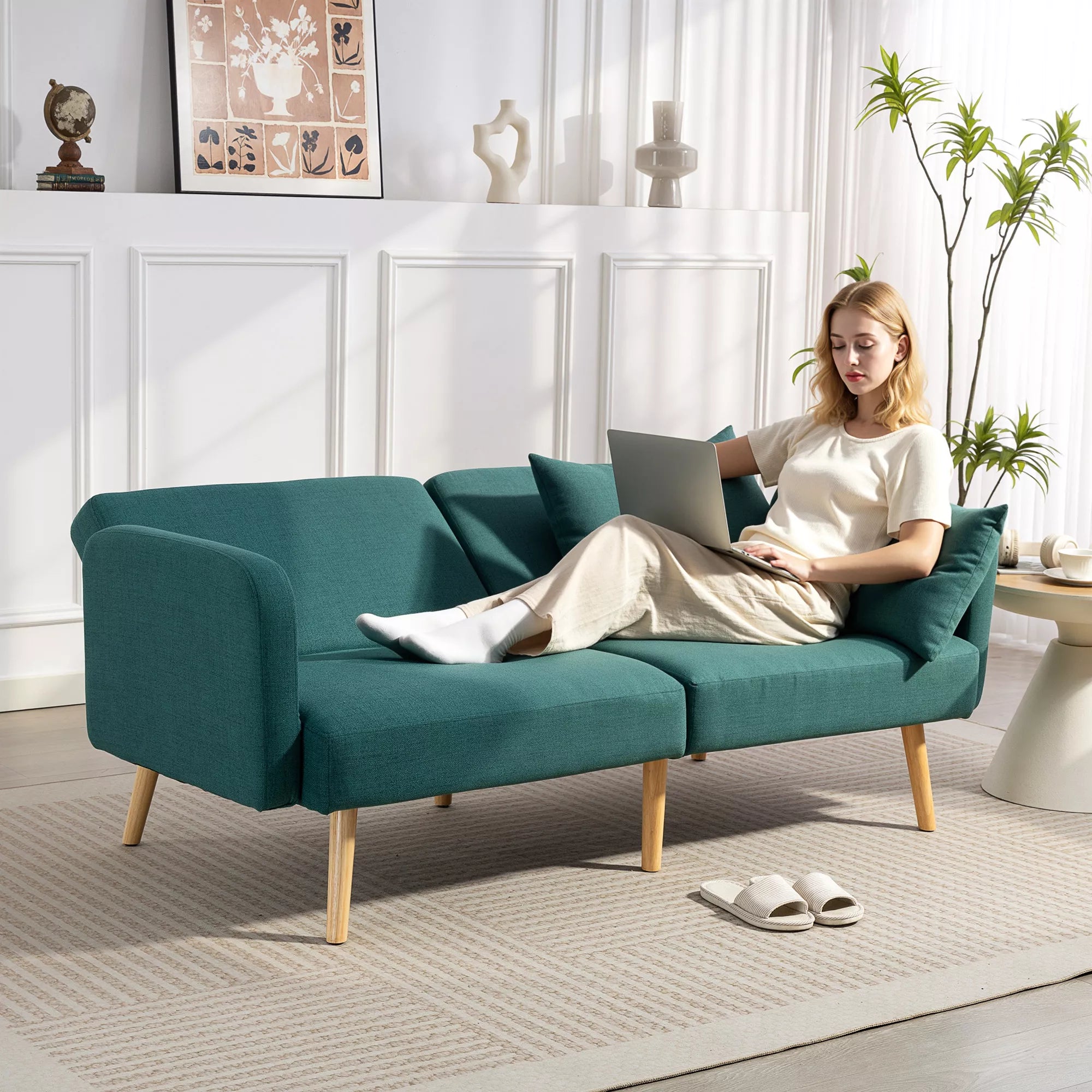 Miegamasis sofos, 3-vietė sofa su lovos funkcija, 2 pagalvės, minkšta sofa su reguliuojamu atlošu, lino išvaizda, žalia