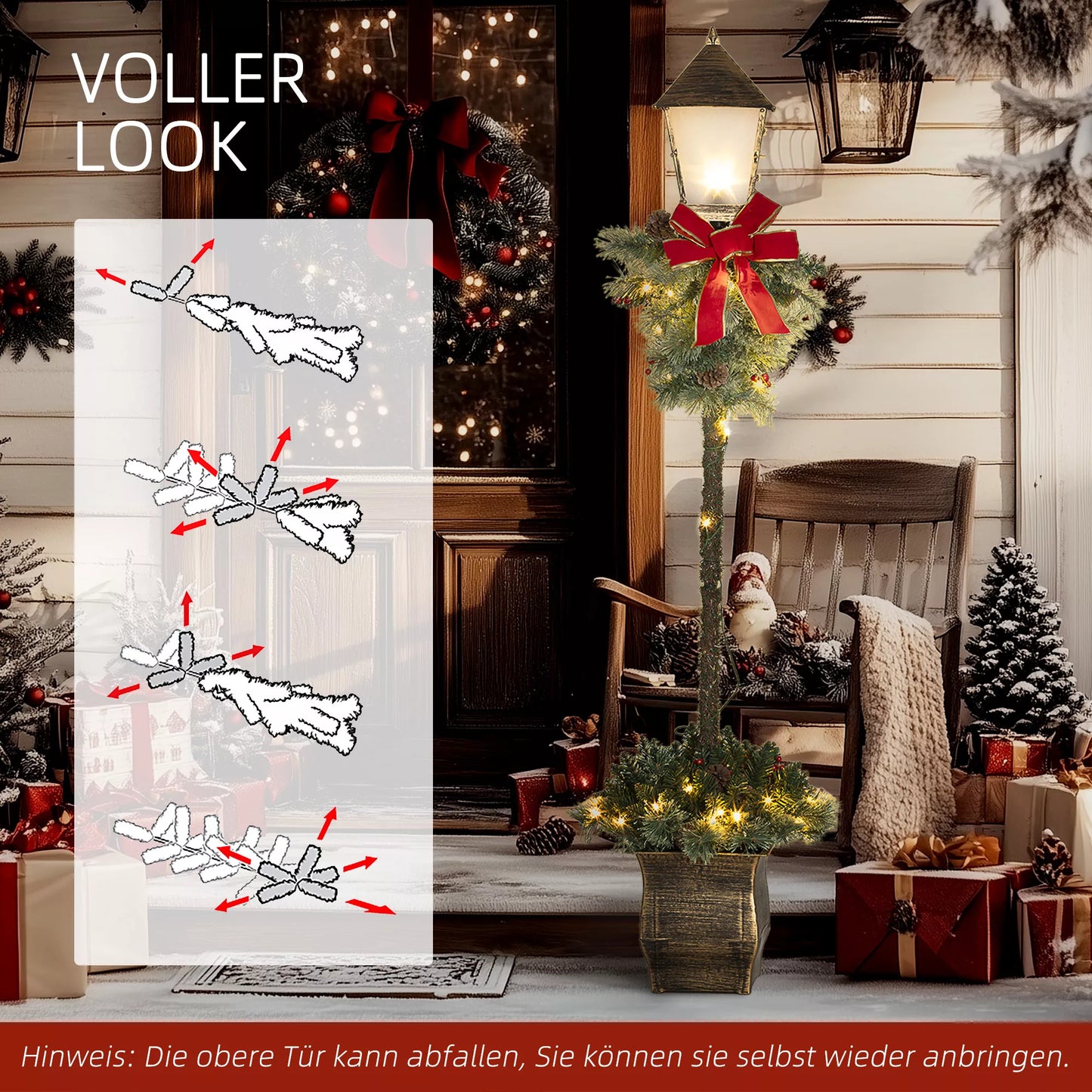 Kalėdinė žibintuvė su uogomis, kankorėžiais ir kaspinėliu, LED lemputėmis, metaliniu stiebu, 150 cm