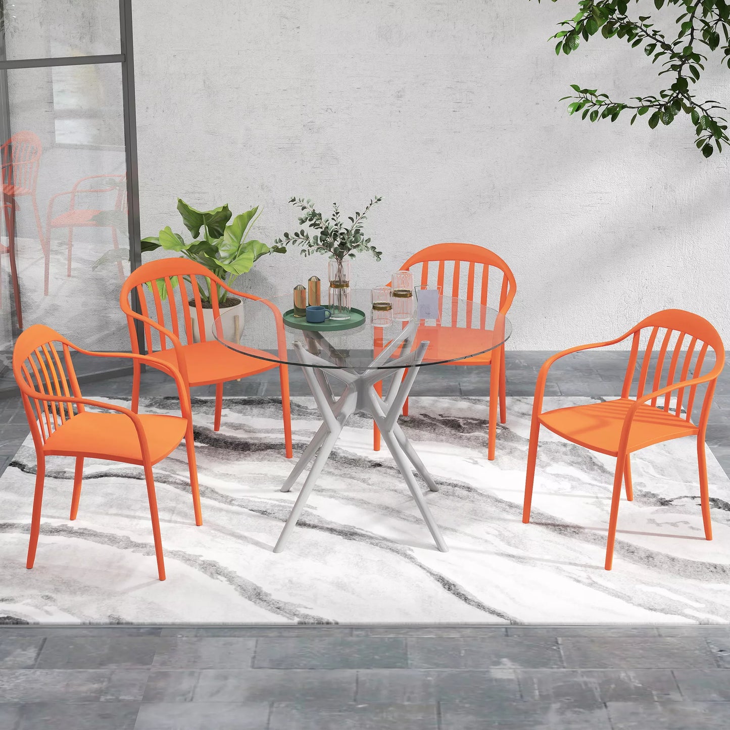 Lauko kėdžių rinkinys iš 4 vnt., atsparus oro sąlygoms, pagamintas iš plastiko, sukraunama kėdė su porankiais, atlošu, atlaiko iki 120 kg