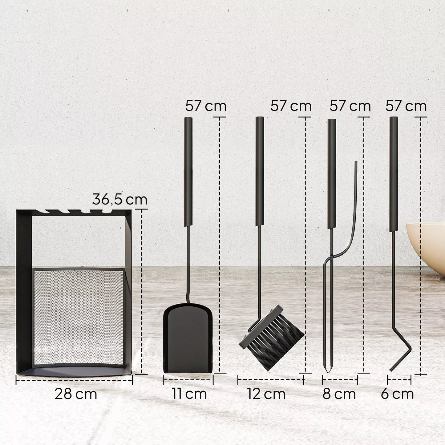 5 dalių židinio įrankių rinkinys, židinio priedai su šluota, kastuvu, pakūreliu, žnyplėmis, metalinis stovas, juodas