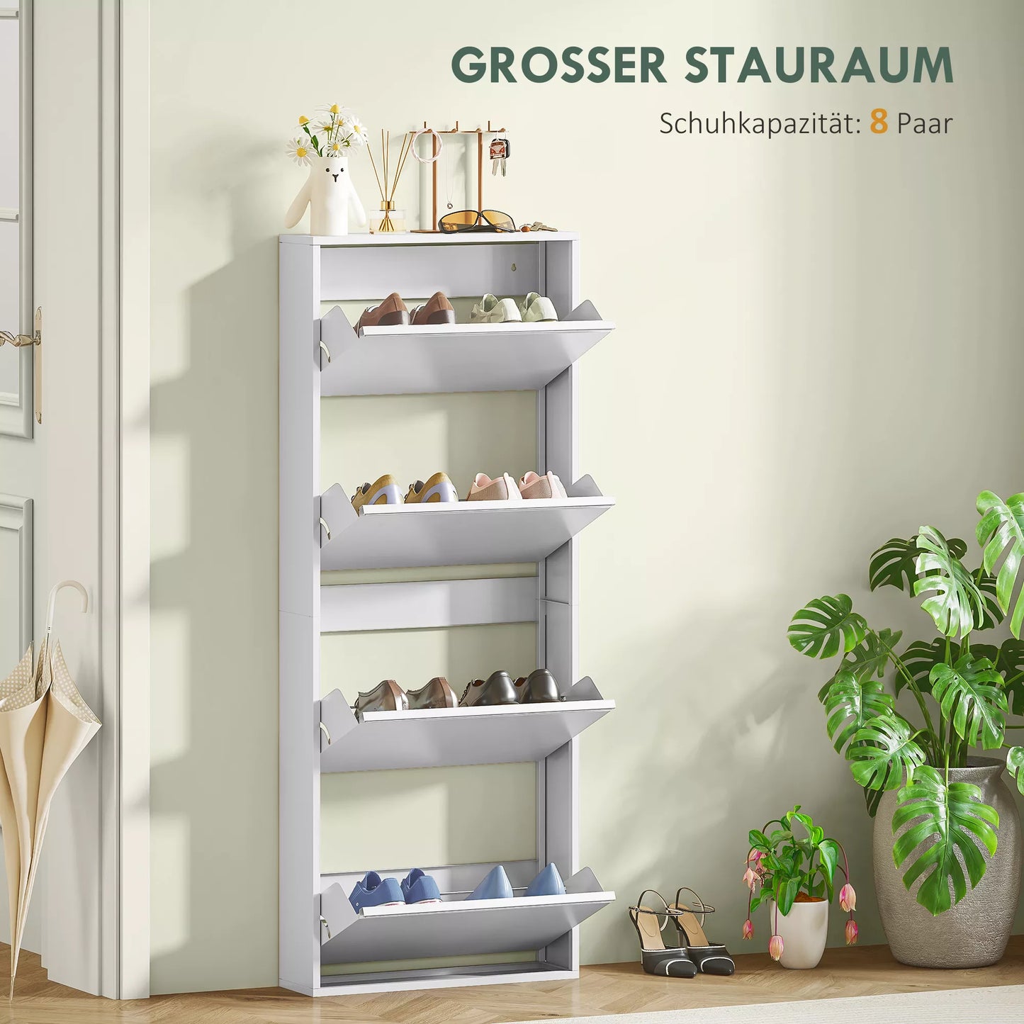 Siaura balta metalinė batų spintelė iki 8 porų batų, 4 atlenkiamos durelės, skirta prieškambariui, koridoriui