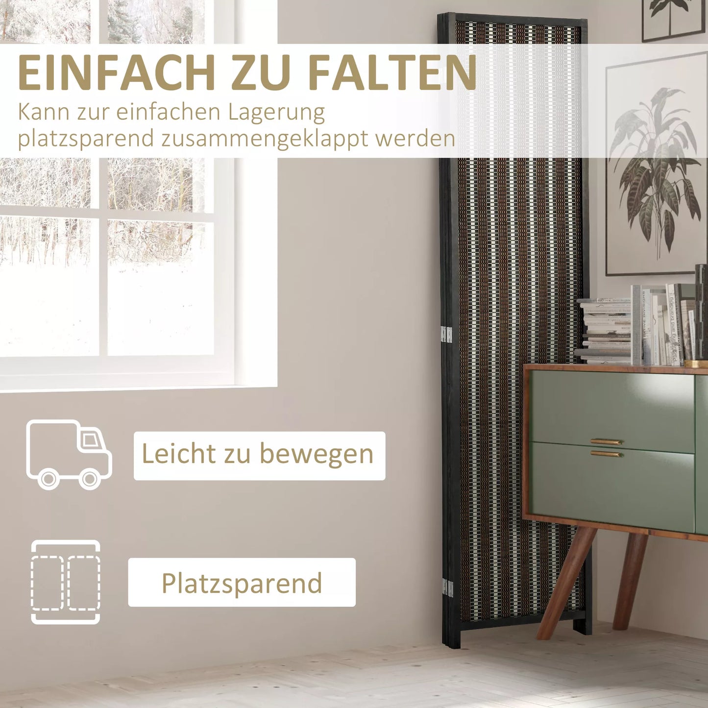 Sulankstoma pertvara, pušies medienos/bambuko, 180 x 180 cm, ruda/juoda