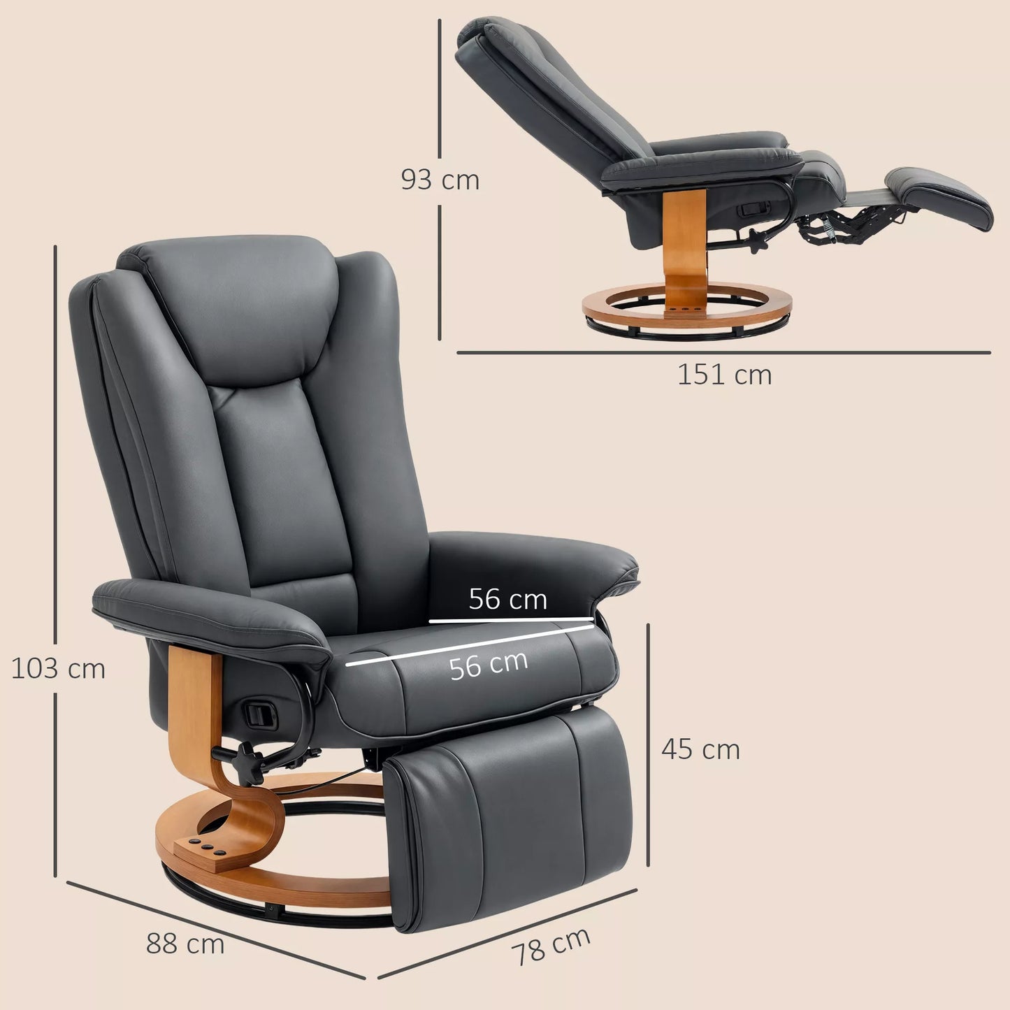 Sūkurinis poilsio fotelis su atlošimo funkcija, iki 150 kg, dirbtinės odos apmušalas, plieninis rėmas, tamsiai pilkas