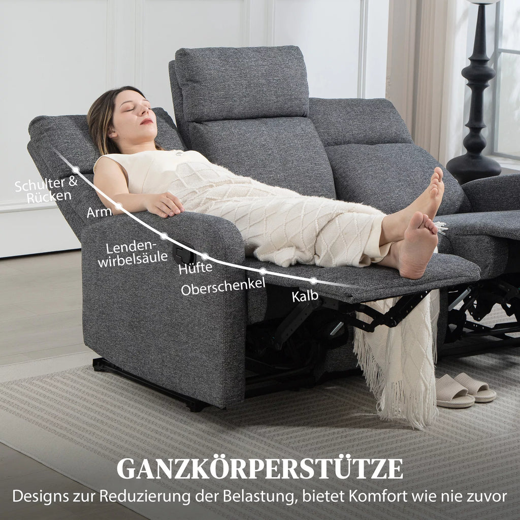 3 vietų sofa, individualiai reguliuojamos atlošos, kojų atrama, audinio apmušalas, metalas, pilka