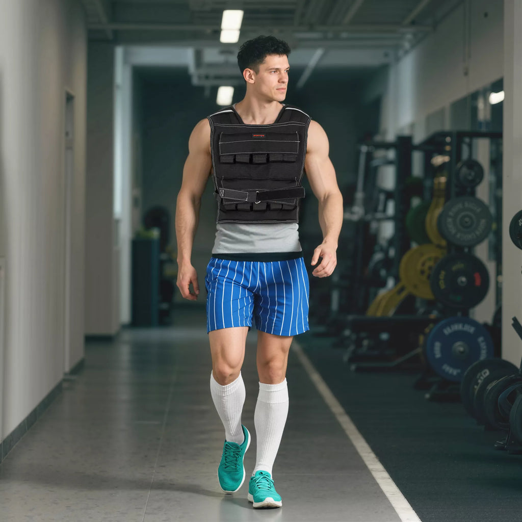 Vyras bėga su juoda svorio liemene sporto salėje
