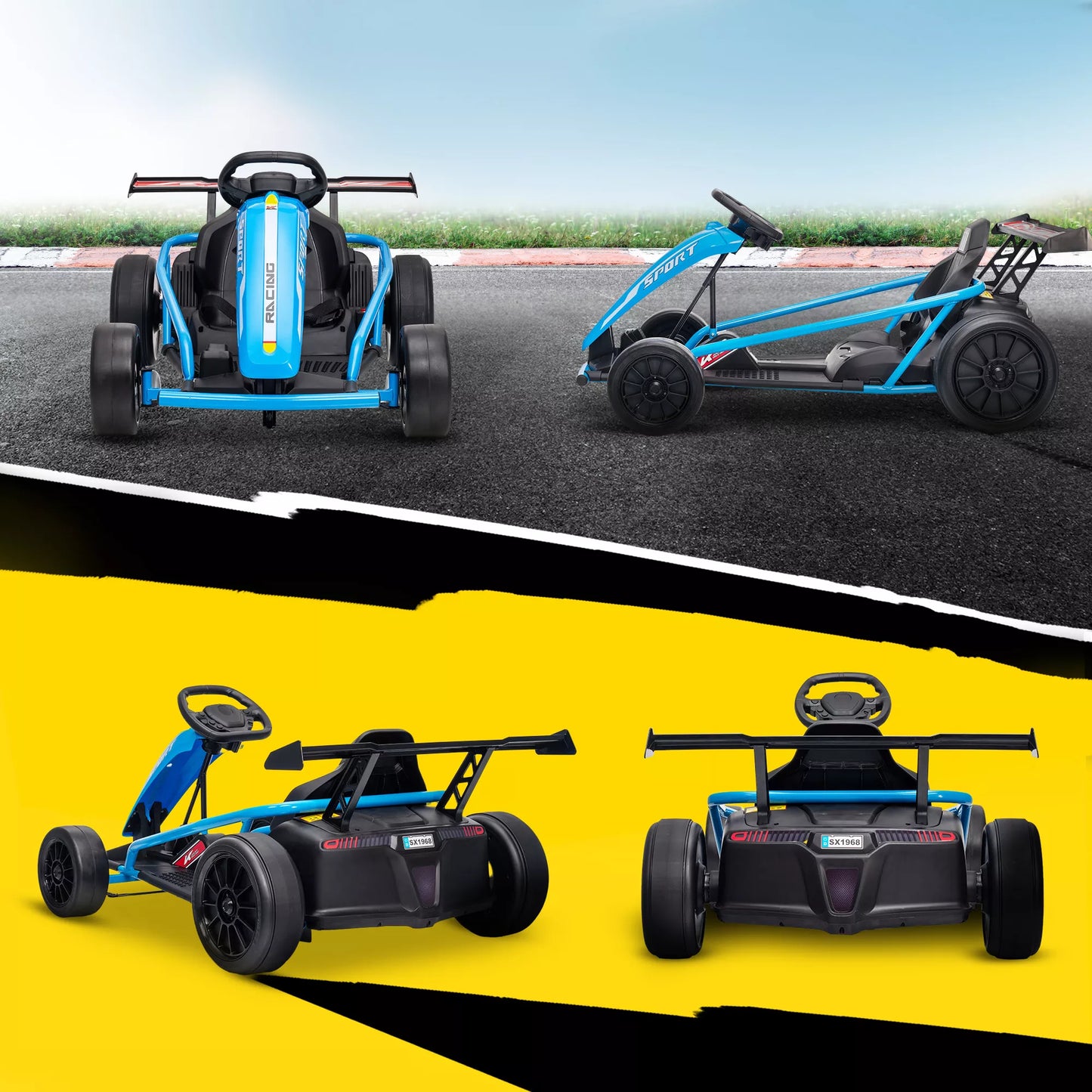 24V elektrinis Go-Kart, skirtas važiuoti ir slysti, nailoniniai ratai, saugos diržas, garsinis signalas, muzika 8-12 metų vaikams Mėlynas