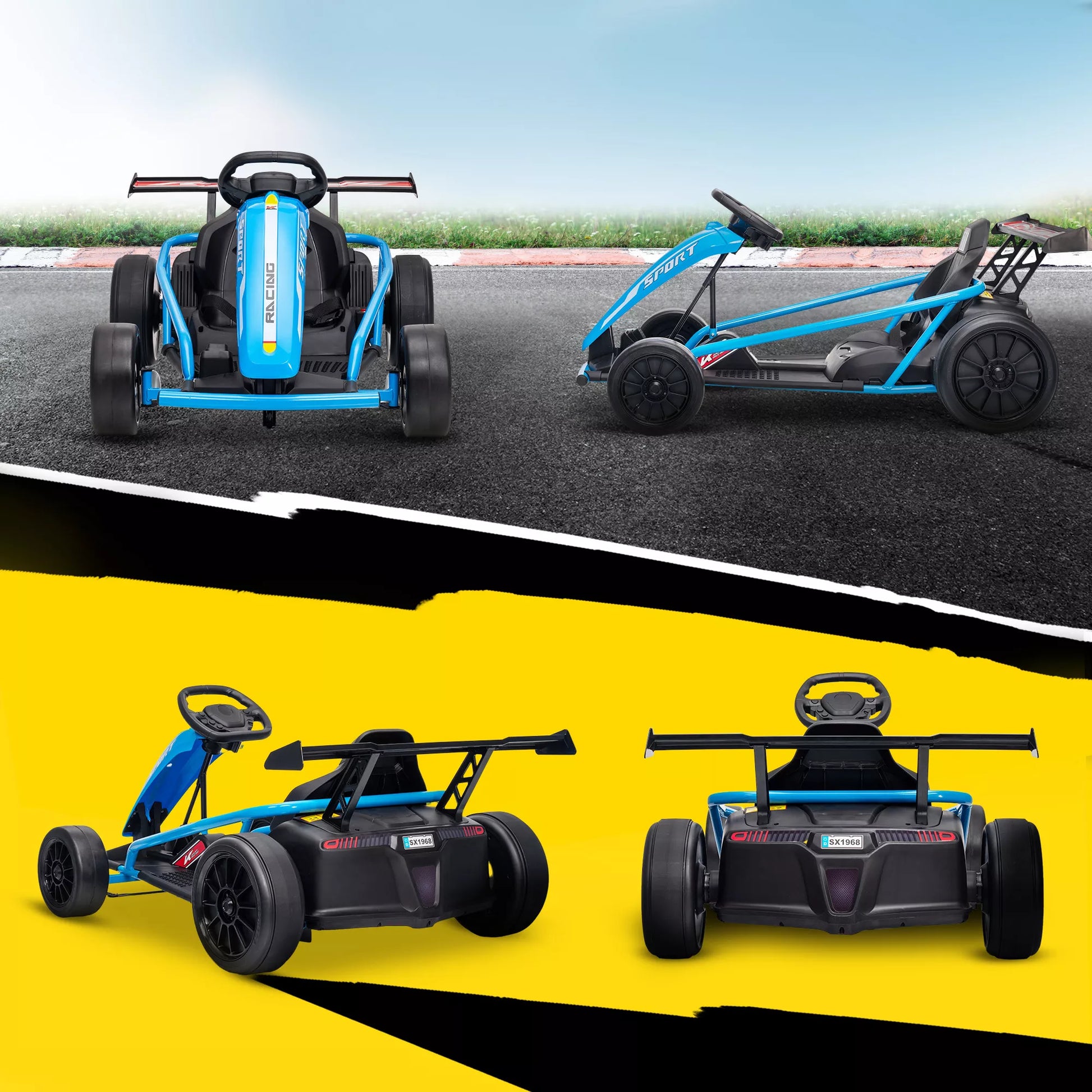24V elektrinis Go-Kart, skirtas važiuoti ir slysti, nailoniniai ratai, saugos diržas, garsinis signalas, muzika 8-12 metų vaikams Mėlynas