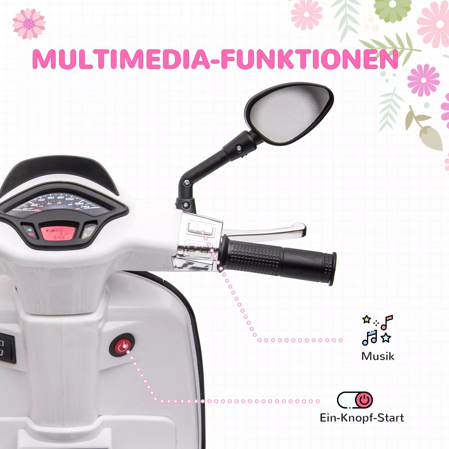 Elektrinis vaikiškas motociklas Vespa, 3 km/h, 3-6 metai, Muzika, Šviesos ir Radijas, Baltas