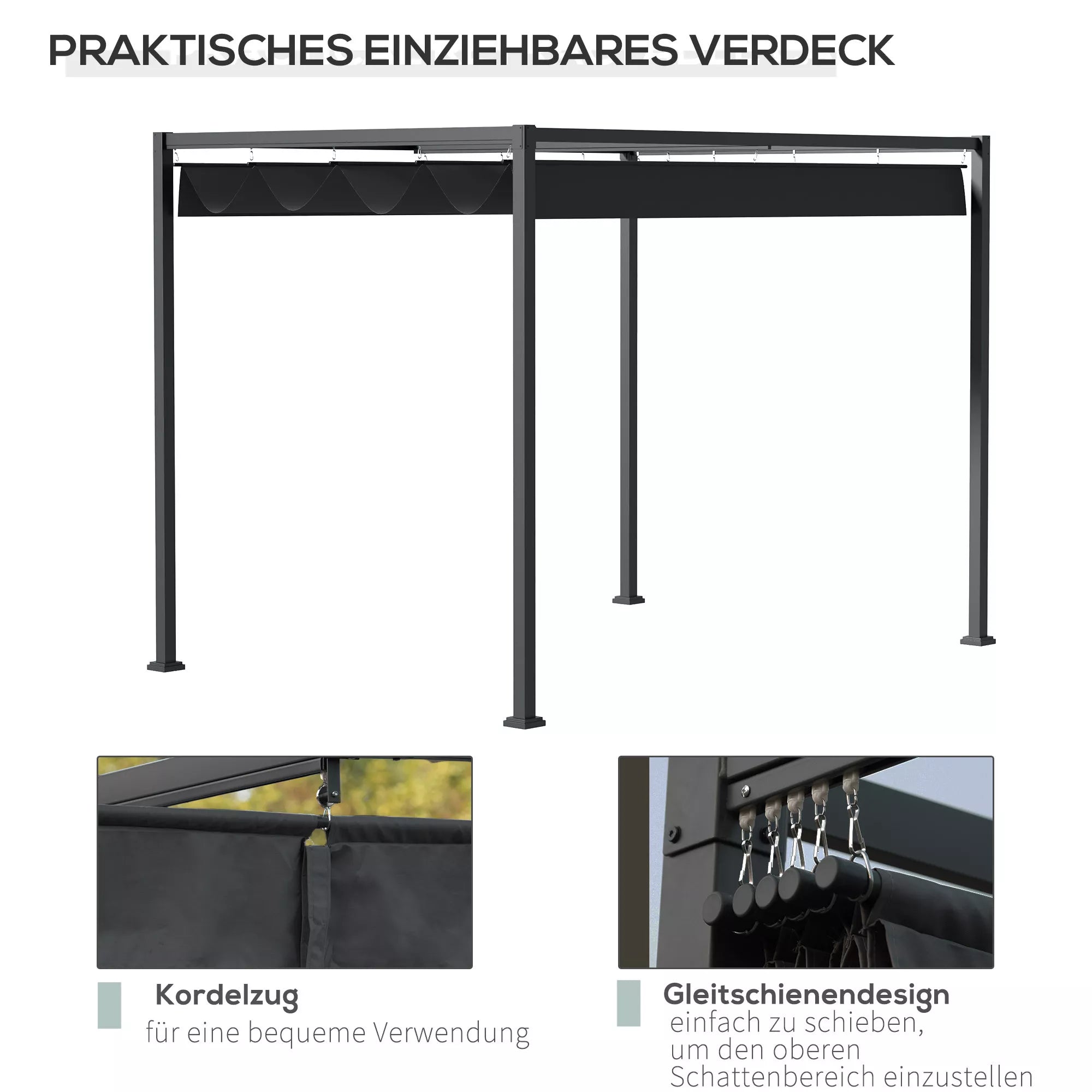 Pergola, apie 3x2 m, sodo pavėsinė, terasos stogas, metalinė, atskira sodo pavėsinė su reguliuojamu stogu, UV apsauga, saulės apsauga terasai ir sodui, juoda + pilka