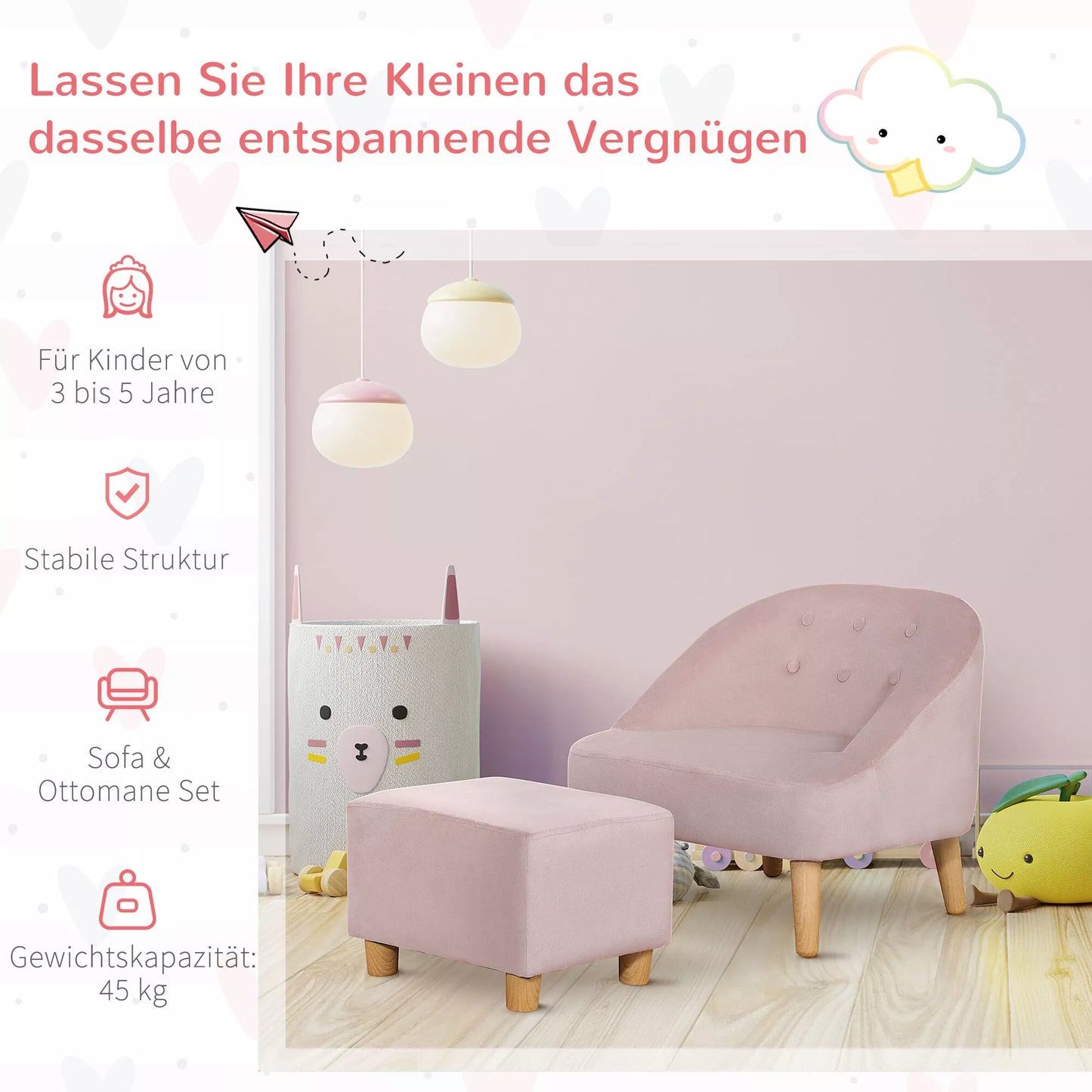 Vaikiškas foteliukas su pakoja, vaikams nuo 3 iki 5 metų. Mielas dizainas, aksomo išvaizda. 51 cm x 51 cm x 50 cm. Rožinė.