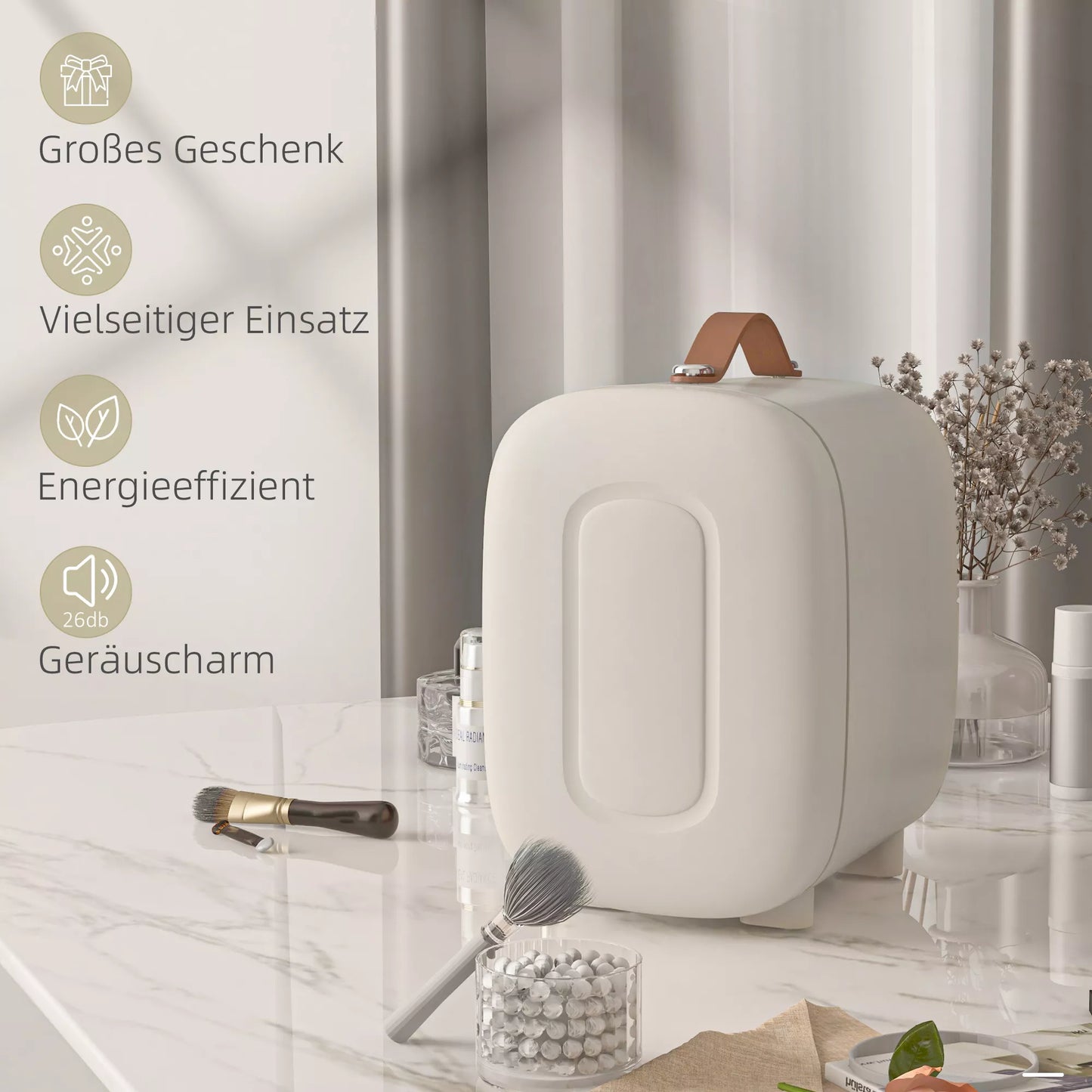 Mini šaldytuvas Grožio šaldytuvas, 4 L talpa, 20,3 x 26,3 x 28 cm, kreminės baltos spalvos