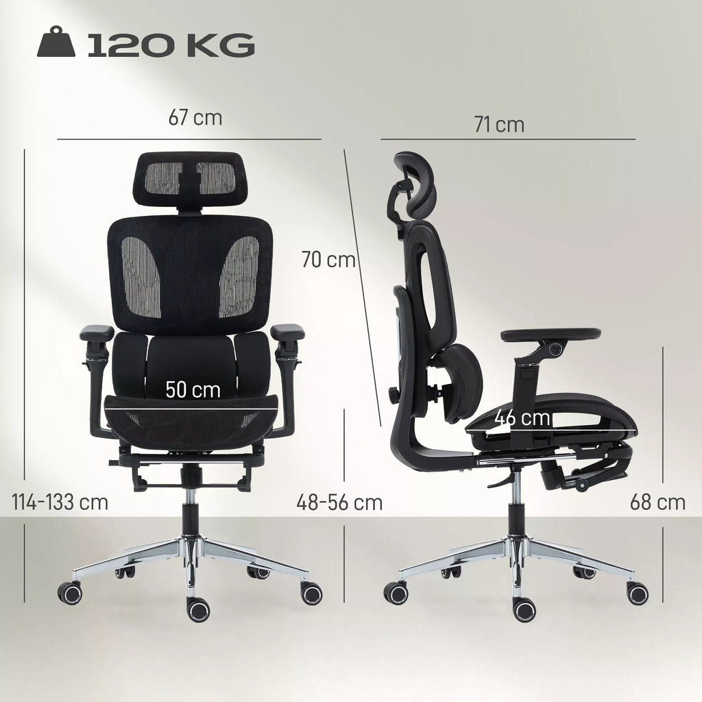 Biuro kėdė Ergonomiška darbo kėdė su reguliuojamu juosmens ir galvos atlošu 6D atlenkiamais porankiais Pėdų atrama Tinklelis Juoda