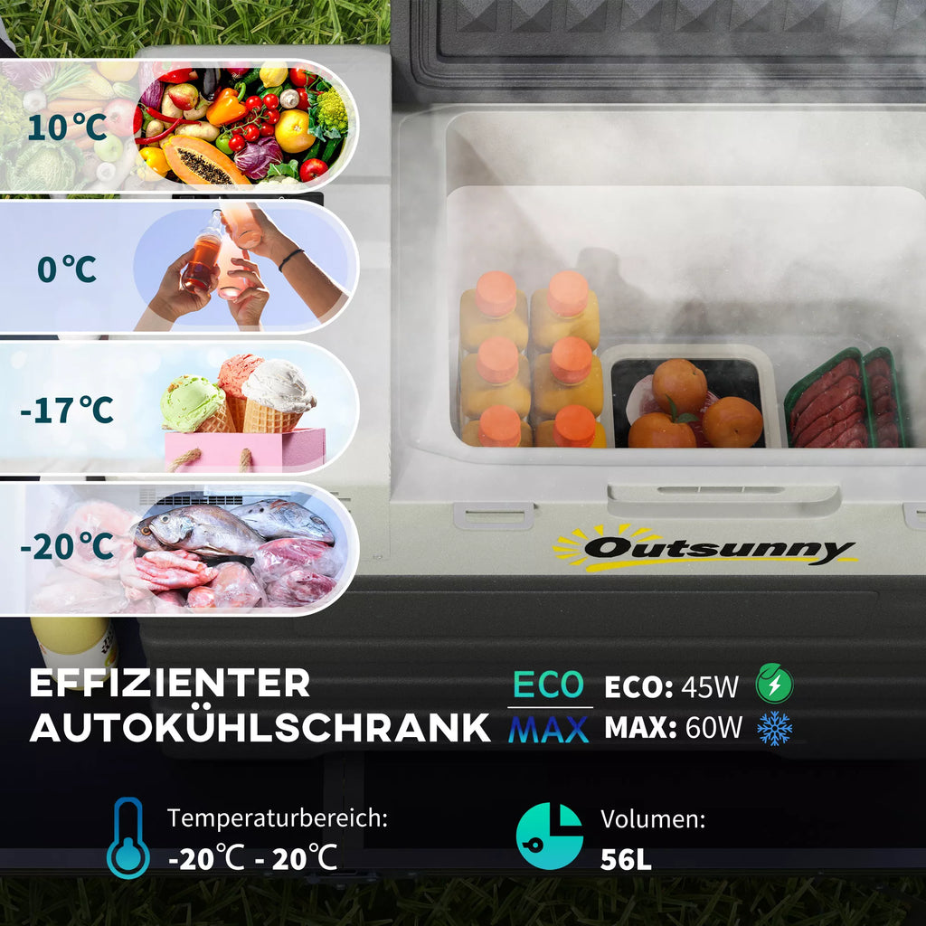 Automobilinis šaldytuvas, šaldymo dėžė, mobilus, 56 l, nuo -20 °C iki 20 °C, 69 x 43 x 54 cm, juodos/pilkos spalvos