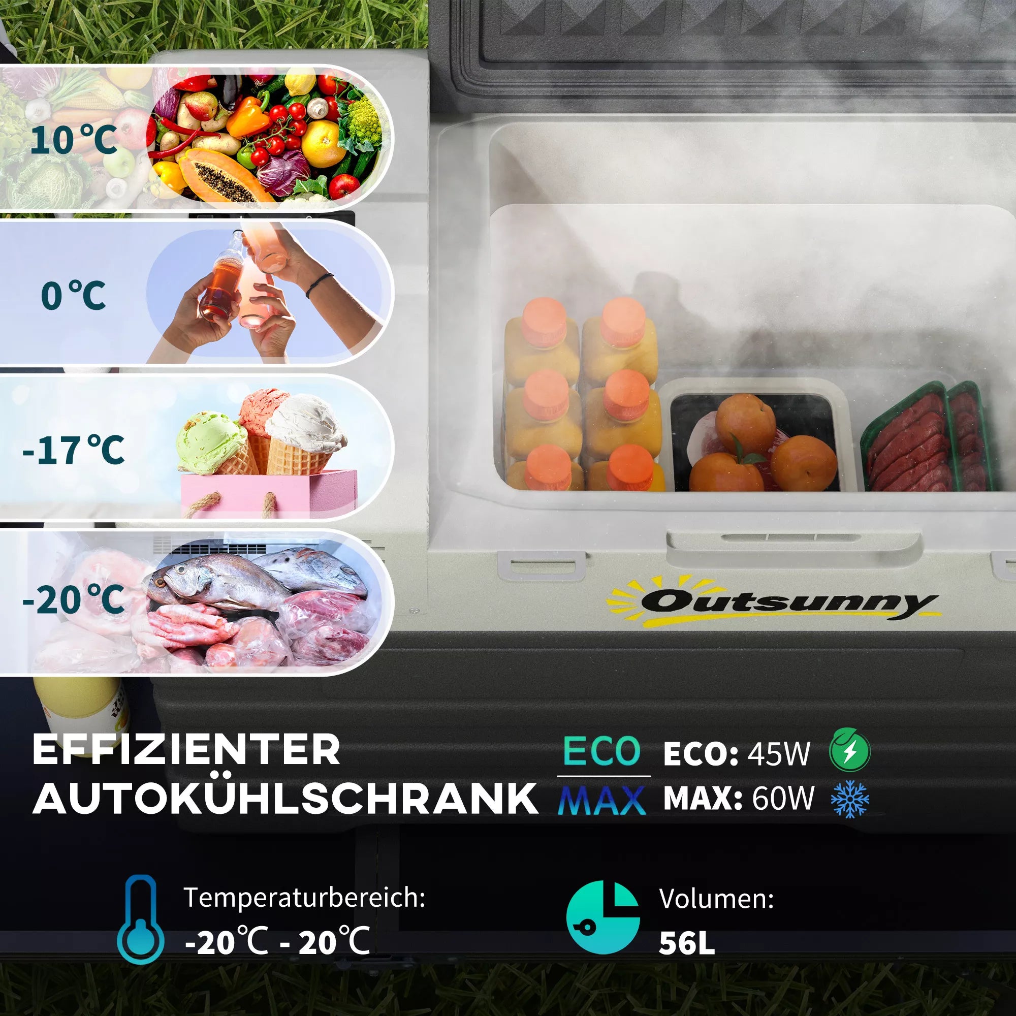 Automobilinis šaldytuvas, šaldymo dėžė, mobilus, 56 l, nuo -20 °C iki 20 °C, 69 x 43 x 54 cm, juodos/pilkos spalvos