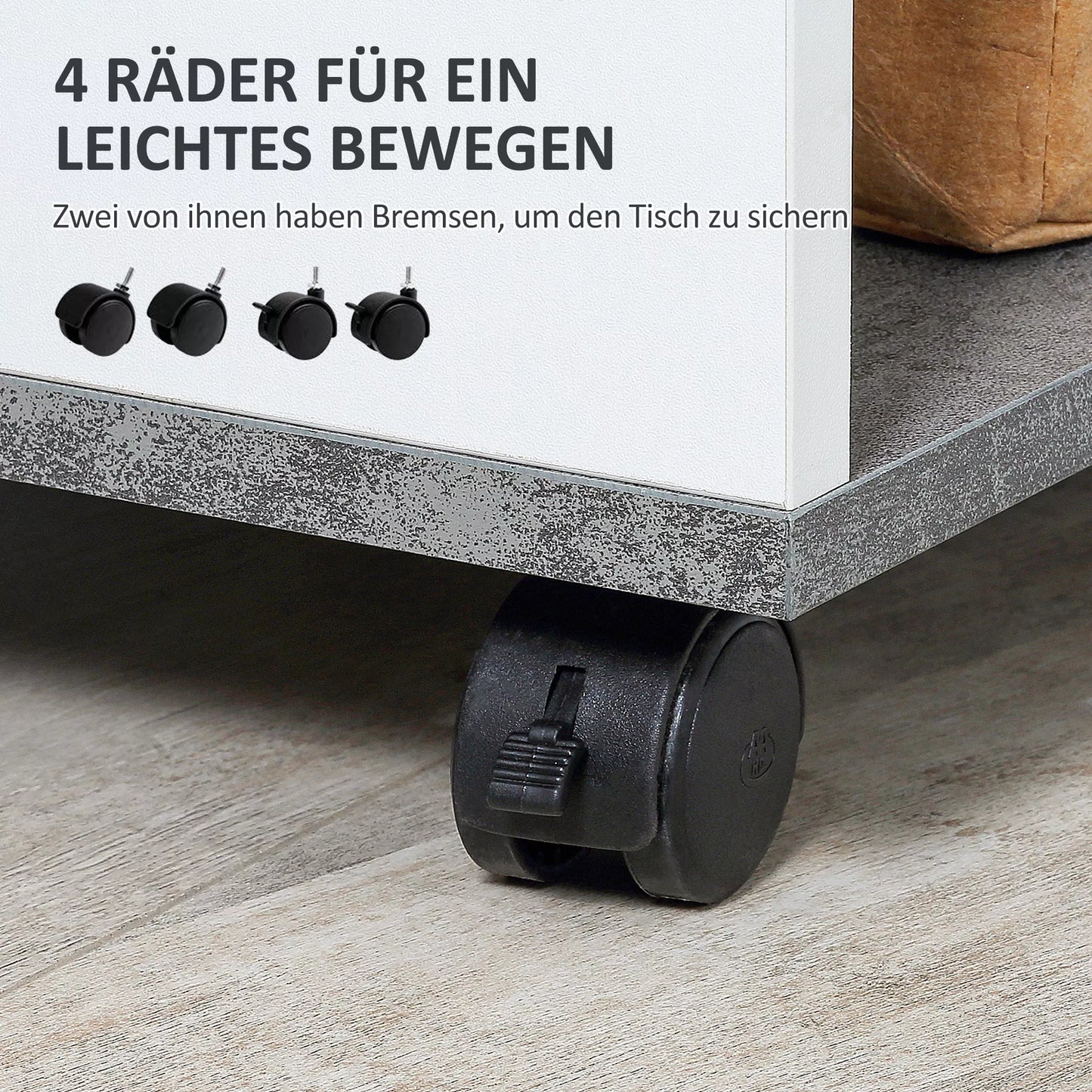 Naktinis staliukas, su 4 ratukais, 3 lentynos, 35 x 29,5 x 65,5 cm, Pilkas/Baltas